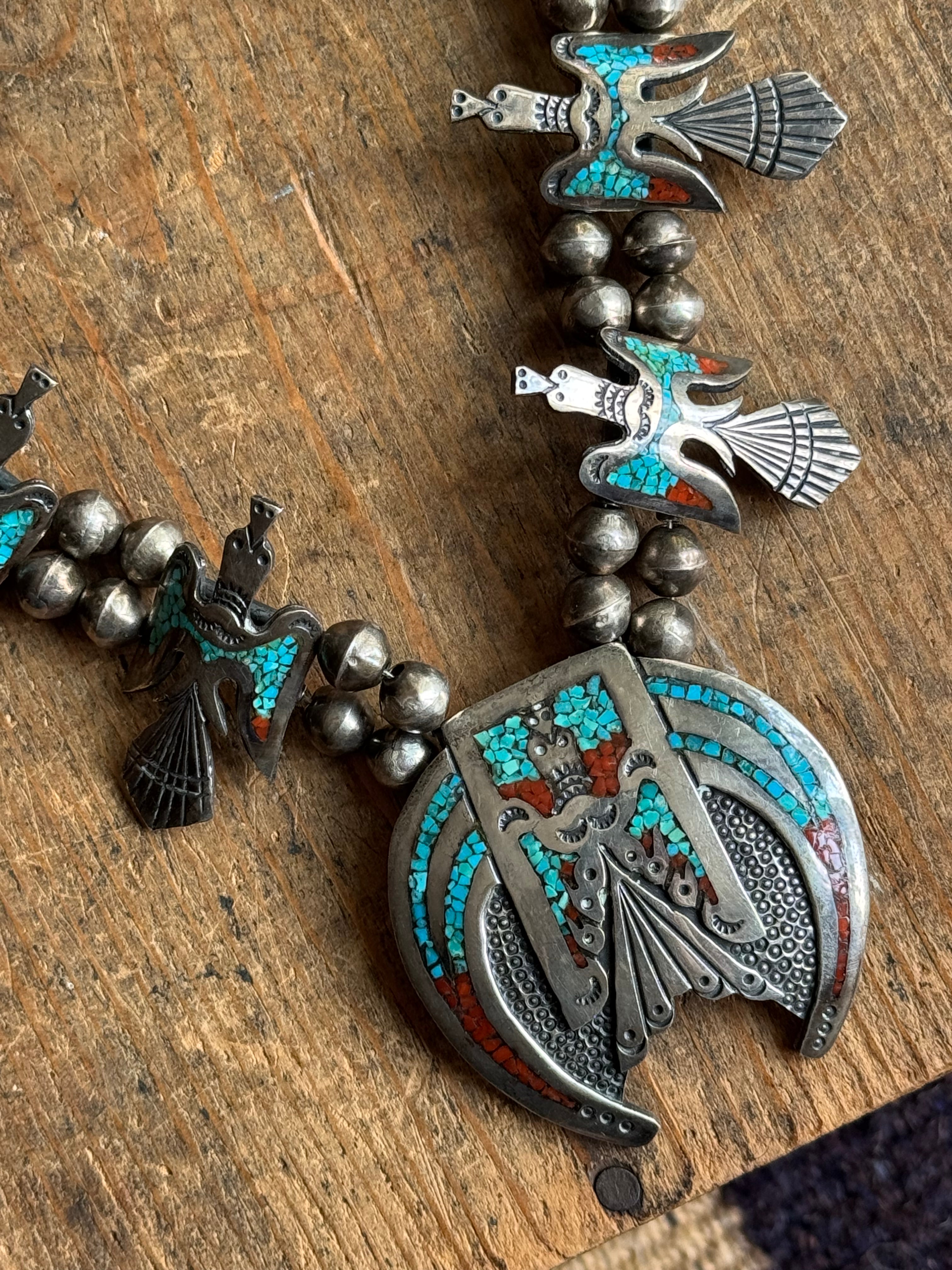 Vintage Sterling Silver Turquoise & Coral Inlay Peyote Bird Squash Blossom