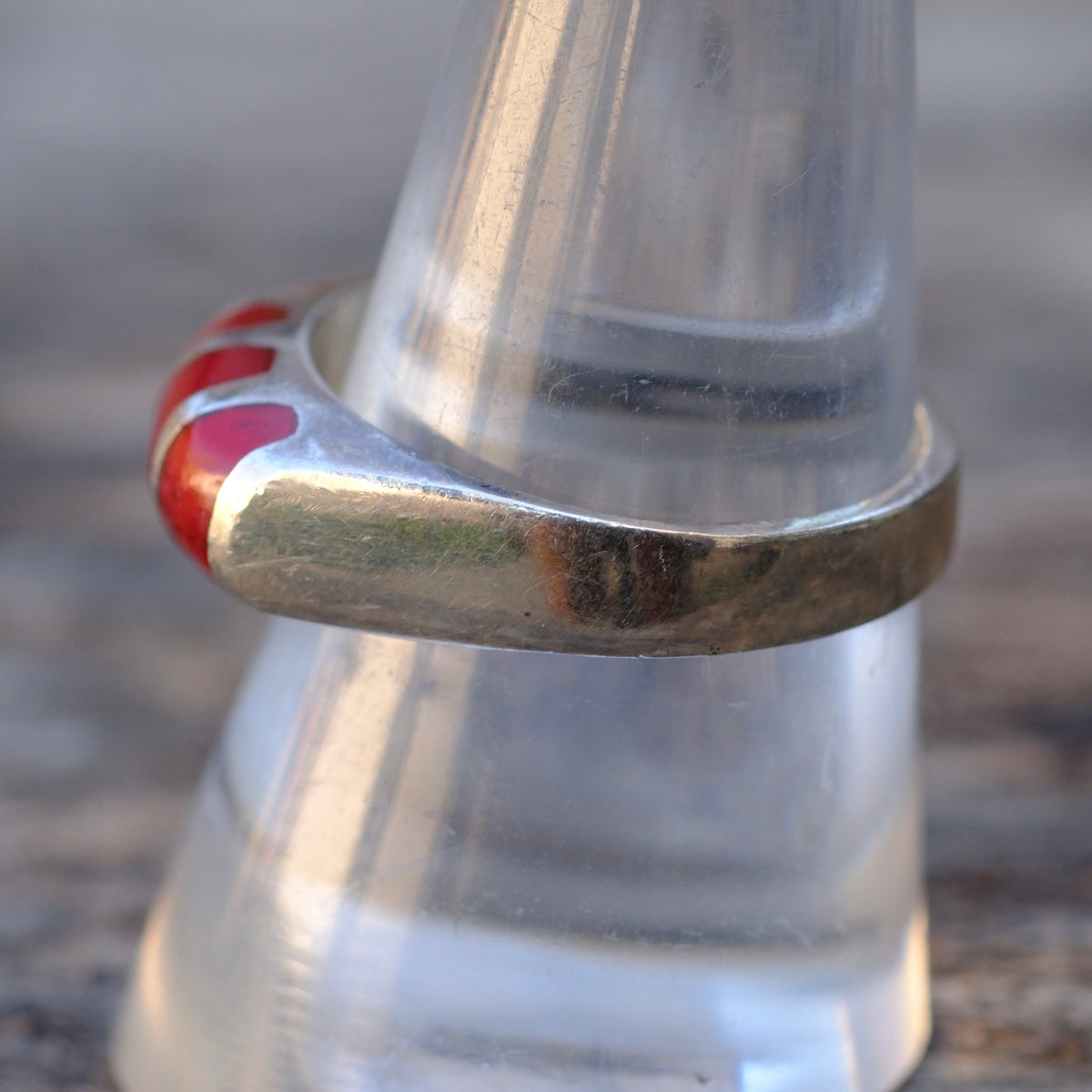 Vintage Sterling Coral Inlay Ring 9.25
