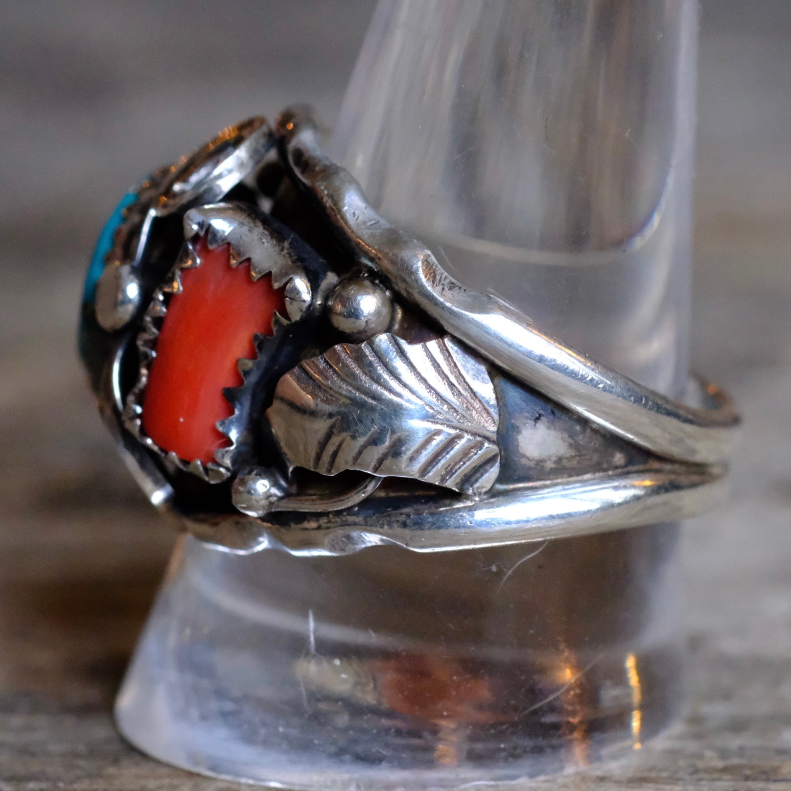 Vintage Sterling Turquoise and Coral Feather Ring 12