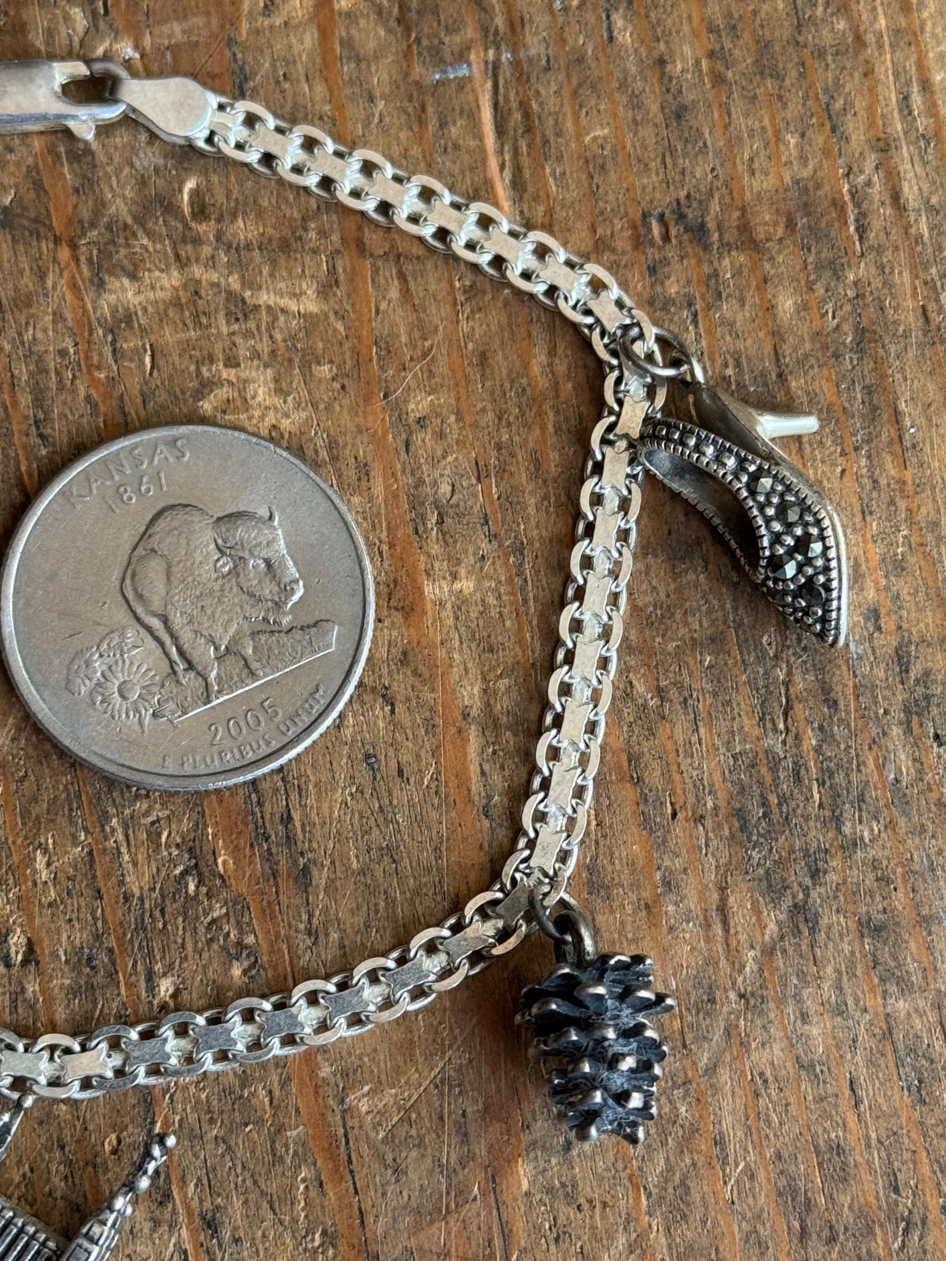 Vintage Sterling Silver 8” Bismarck Chain Charm Bracelet