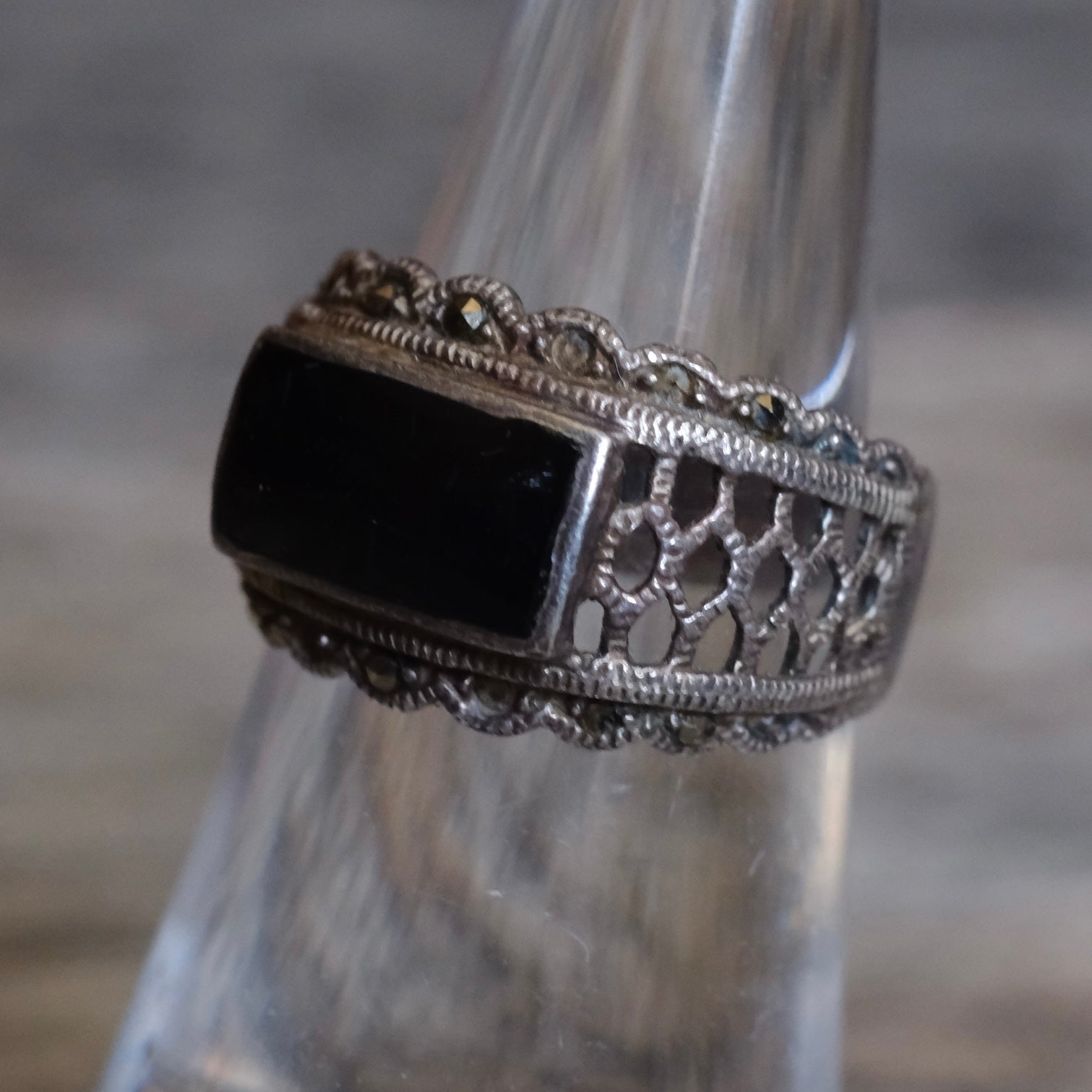 Vintage Sterling Onyx Marcasite Ring 5.5