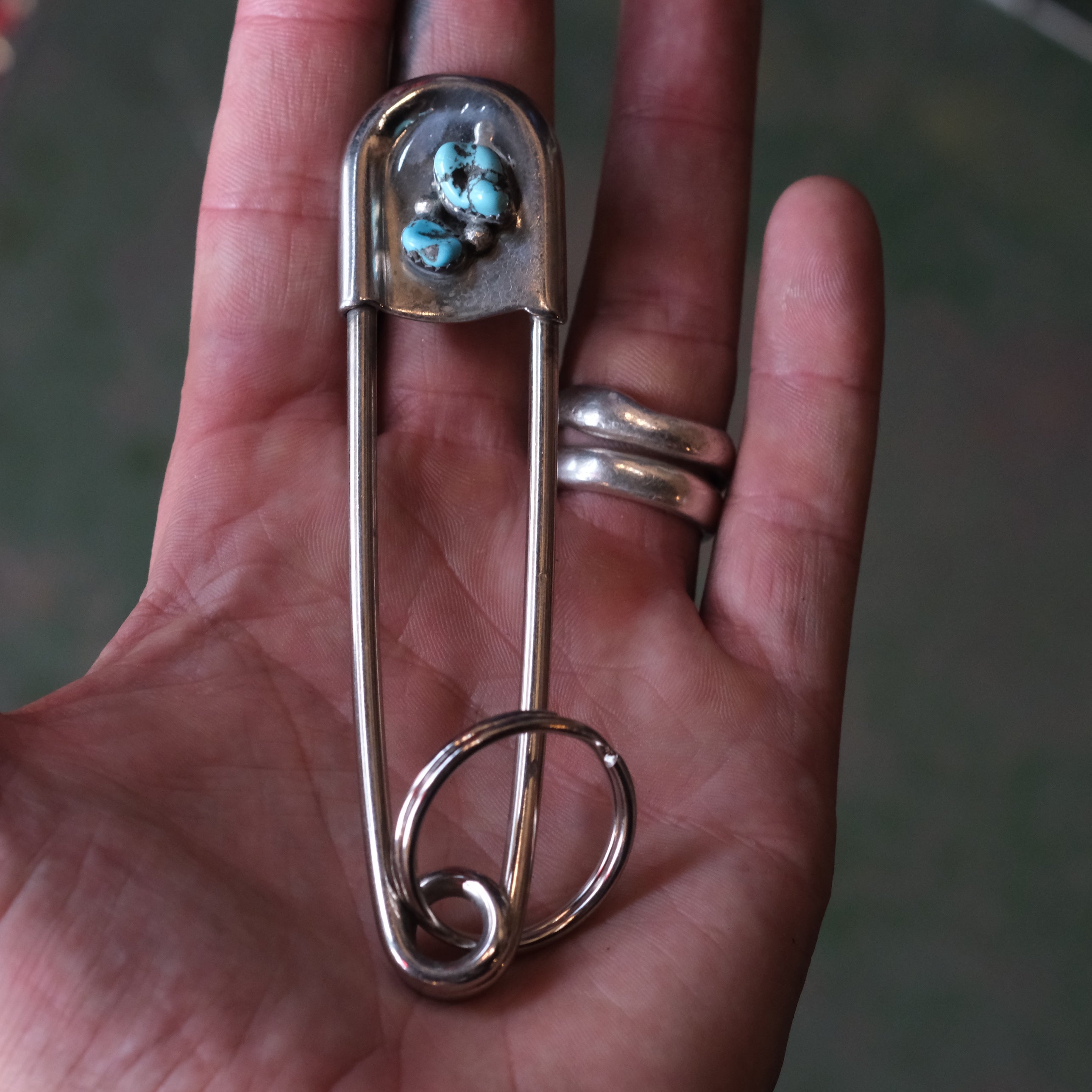 Vintage 2-Stone Turquoise Safety Pin Keychain 4"