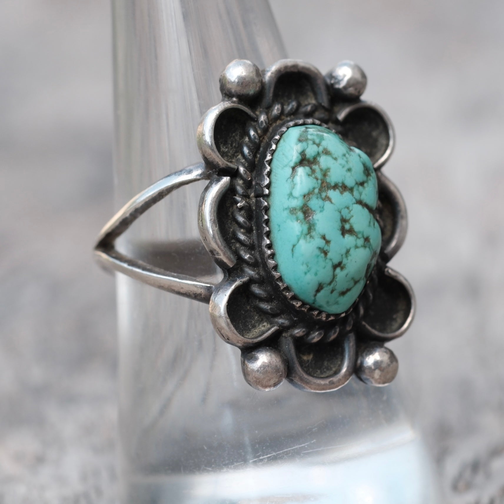 Vintage Sterling Turquoise Florette Ring 8.75