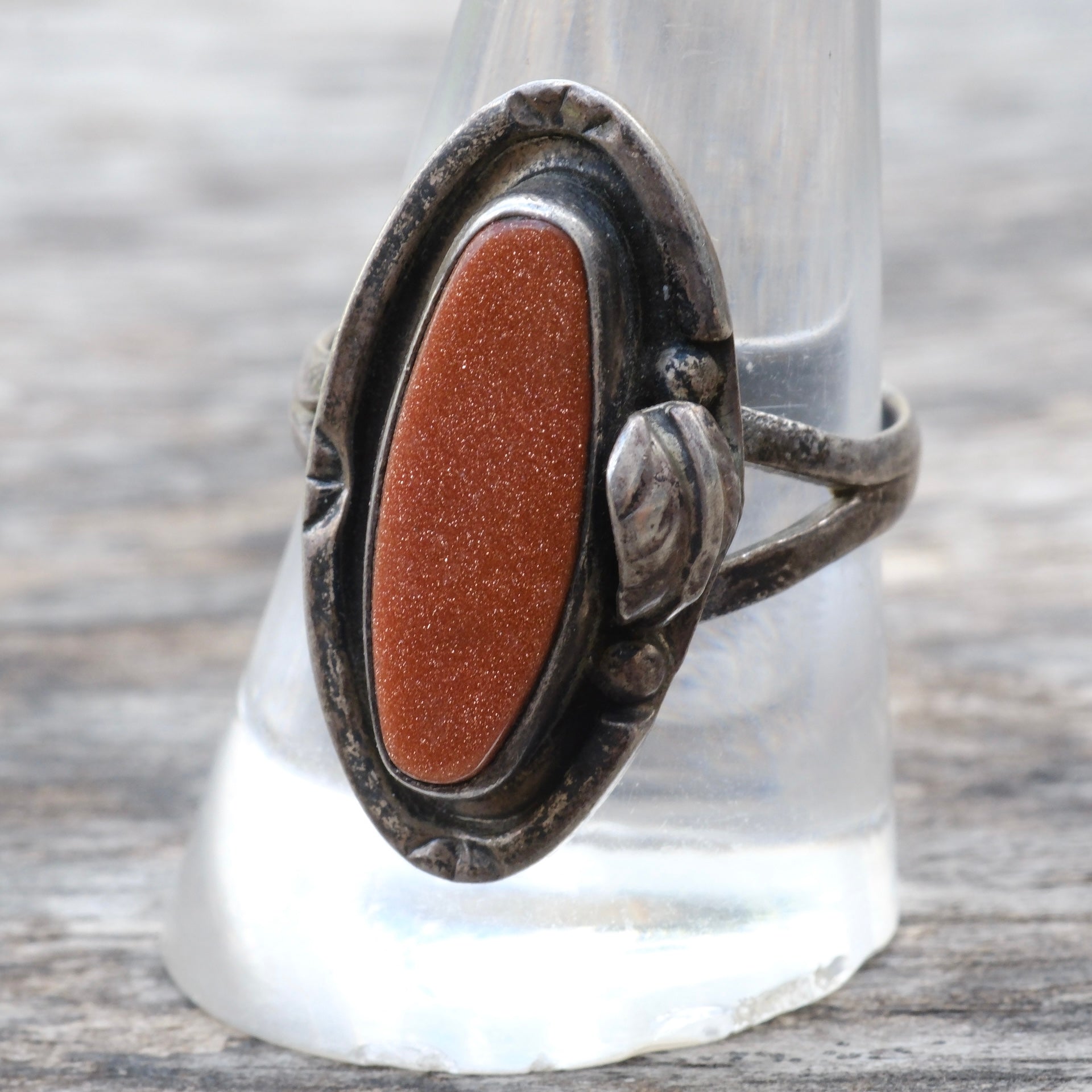 Vintage Sterling Goldstone Feather Ring 9.75