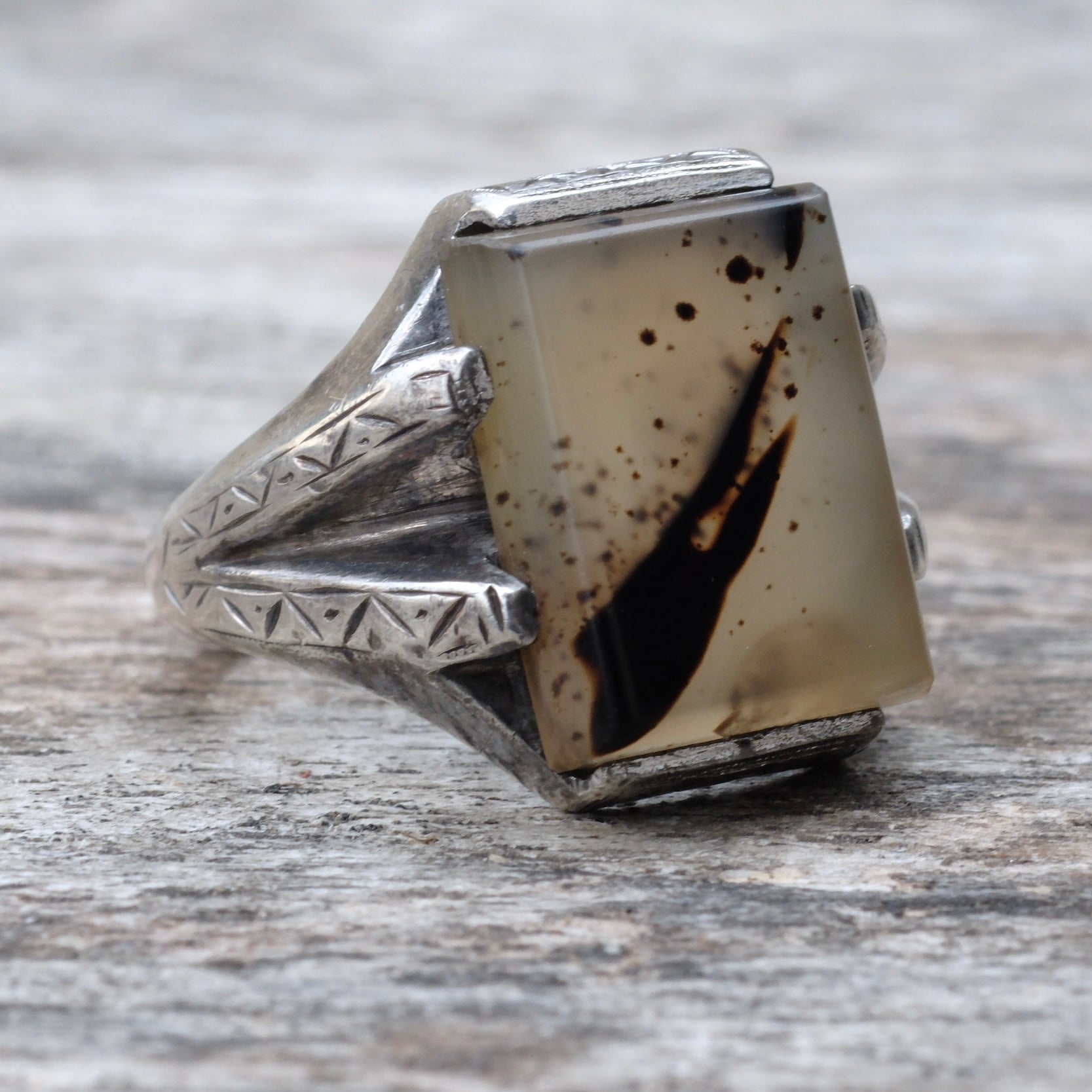 Vintage Sterling Silver Agate Signet Ring 8.5