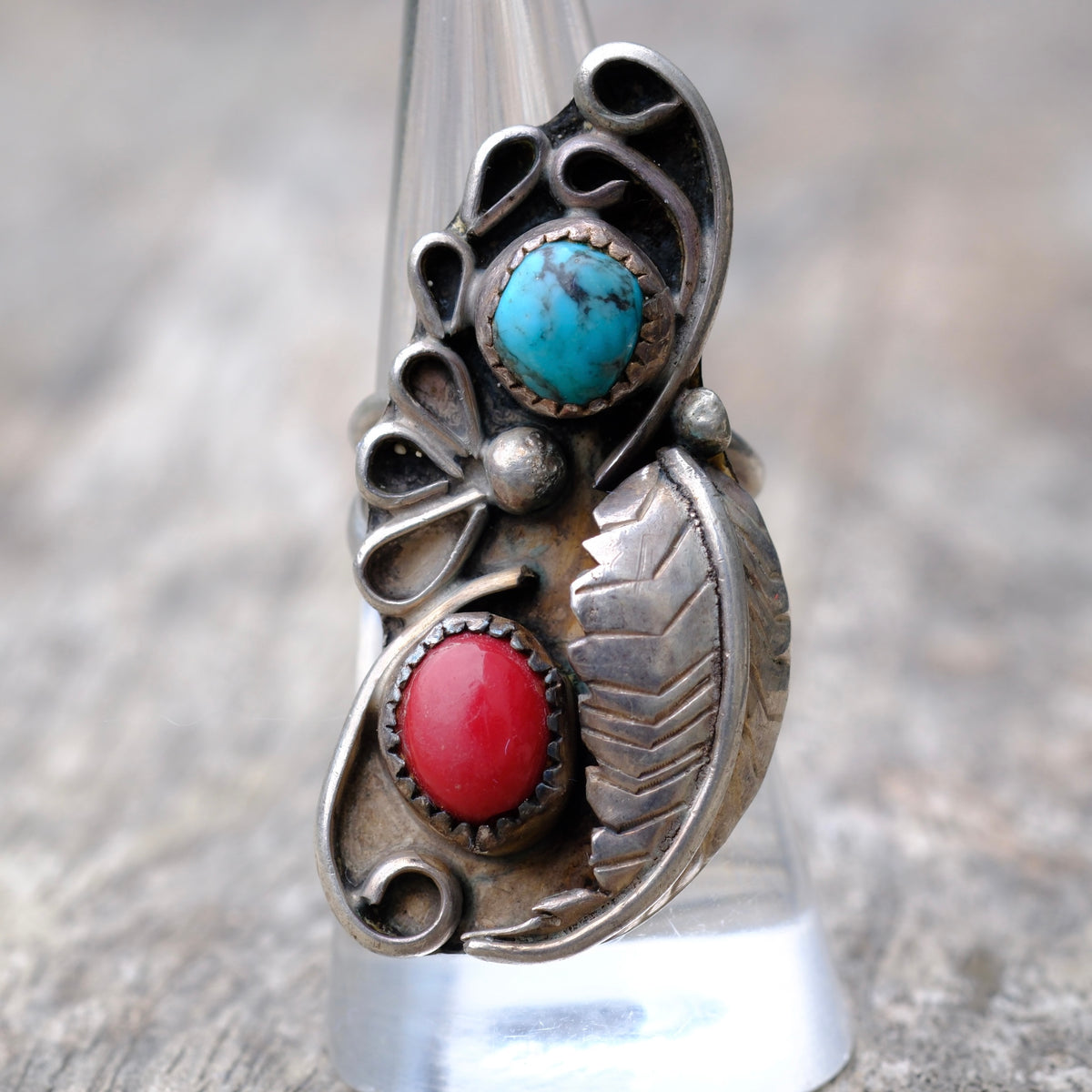 Vintage Sterling Turquoise and Coral Feather Ring 6.5
