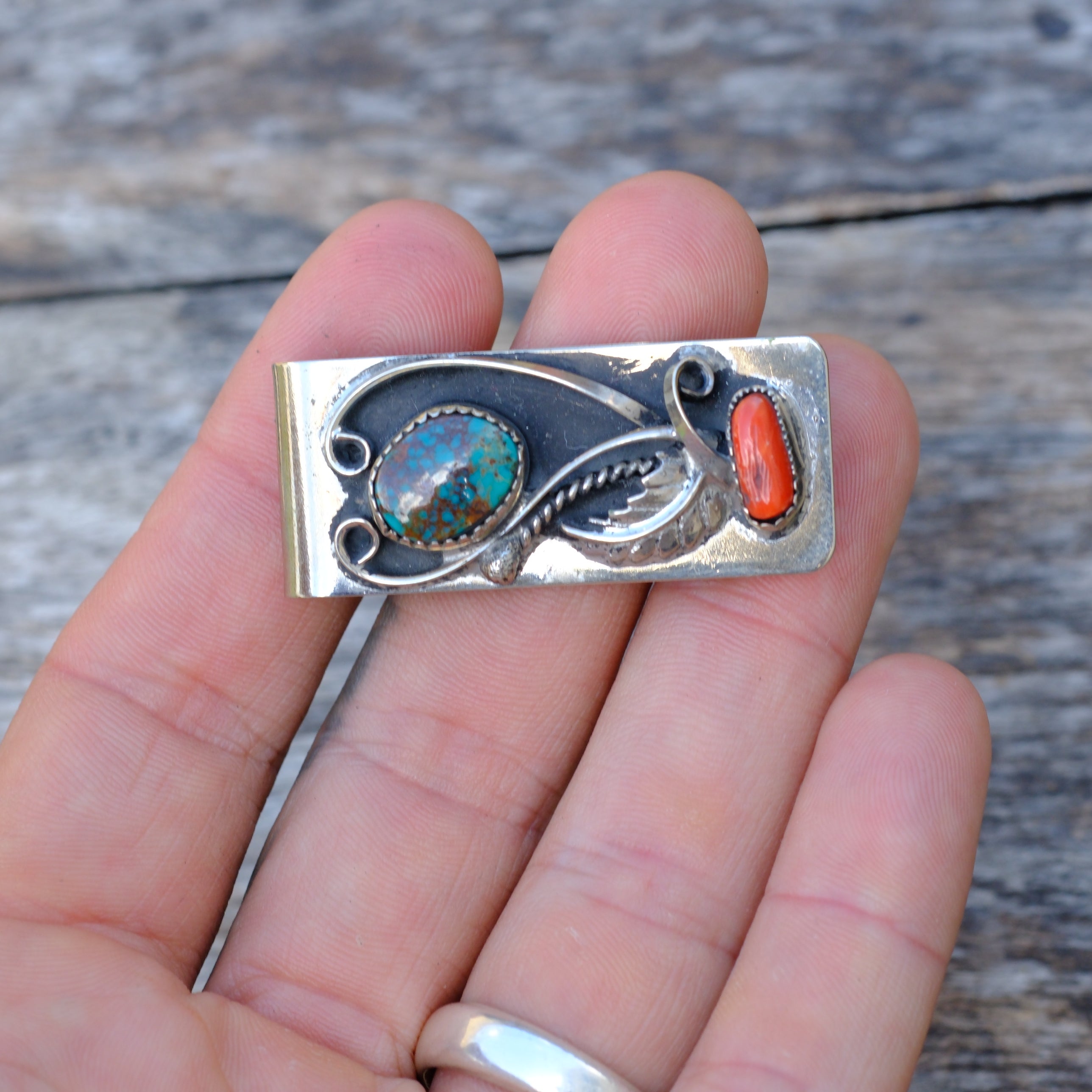 Vintage Turquoise and Coral Feather Money Clip