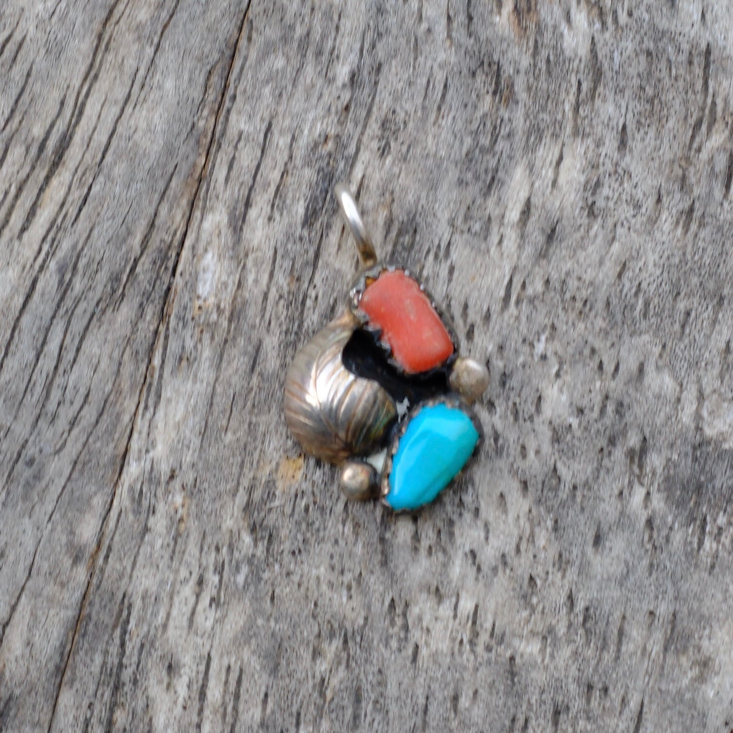 Vintage Sterling Turquoise and Coral Feather Pendant