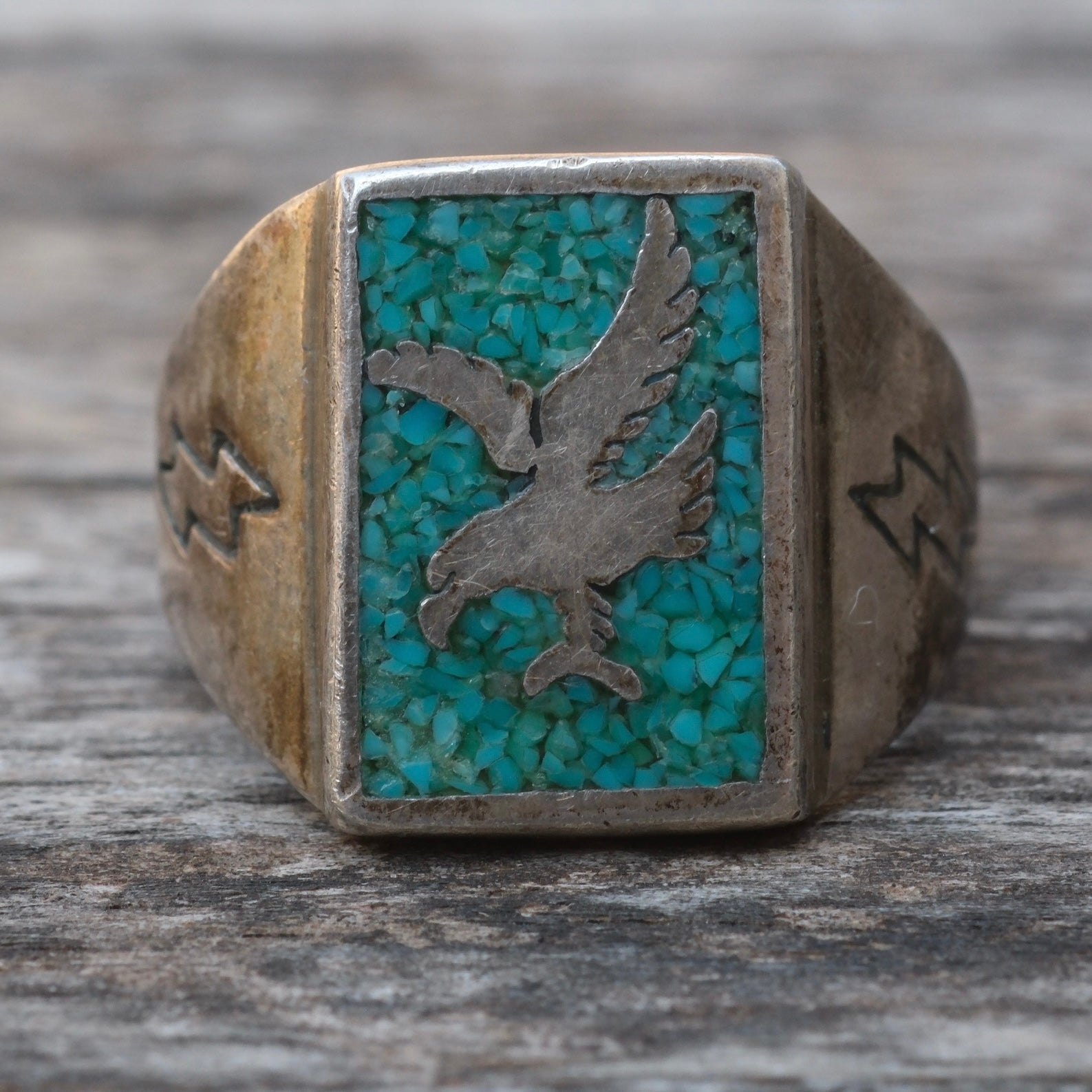Vintage Sterling Crushed Turquoise Eagle Ring 9.75
