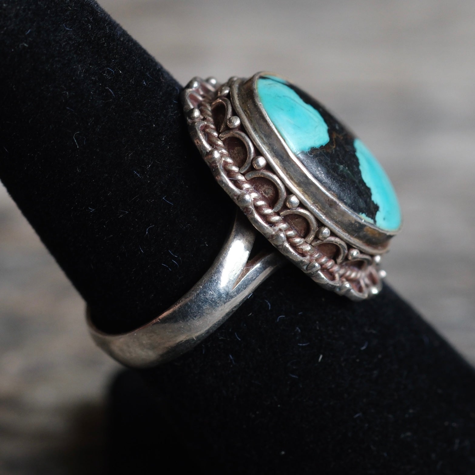 Vintage Sterling Turquoise Florette Ring 6.25
