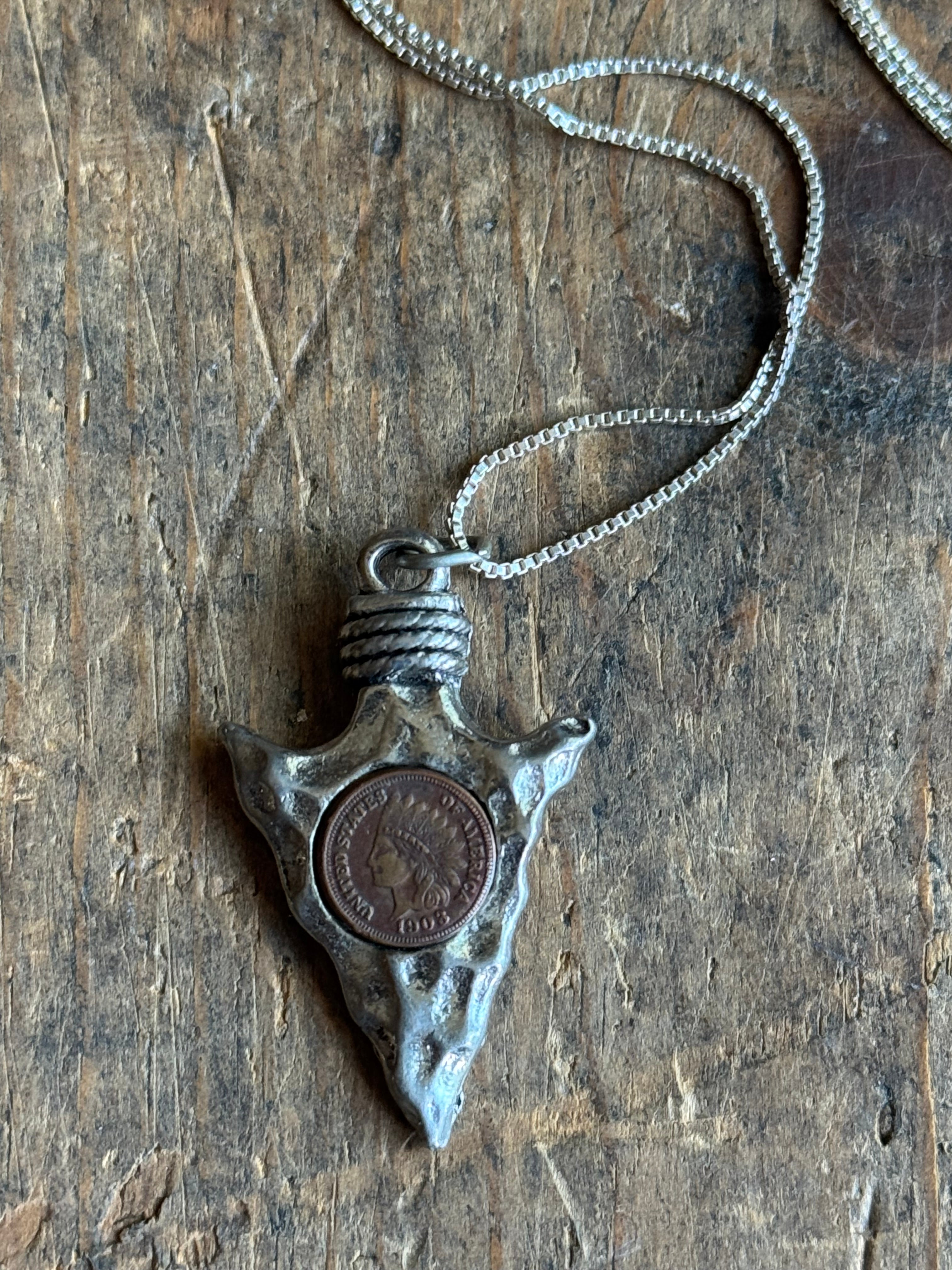 Vintage Sterling Silver Arrowhead & Copper Coin Necklace