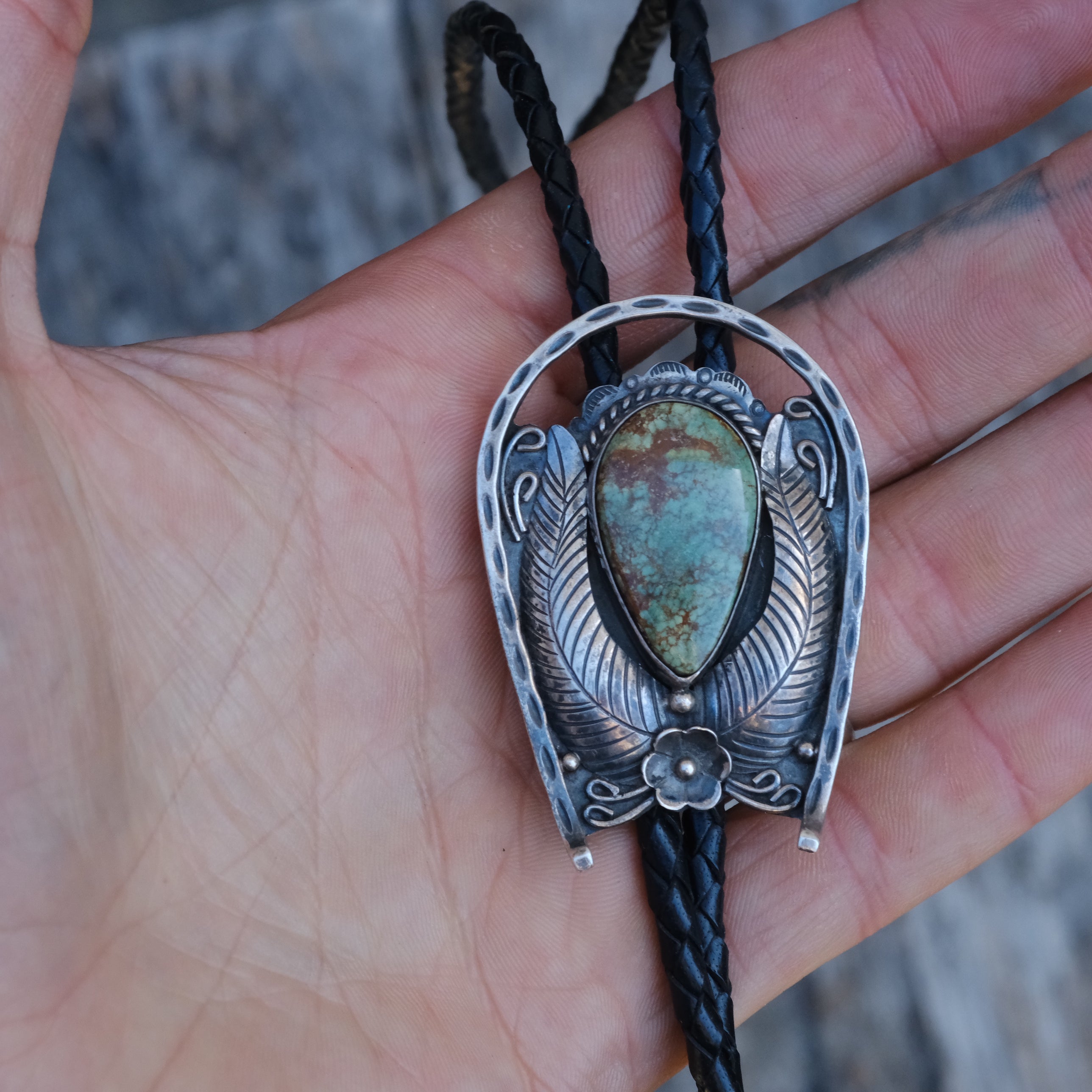 Vintage Sterling Turquoise Blossom Bolo Tie