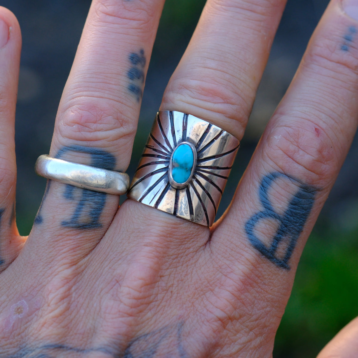 Sterling Silver Lone Mountain Turquoise Wide Band Ring 9.75