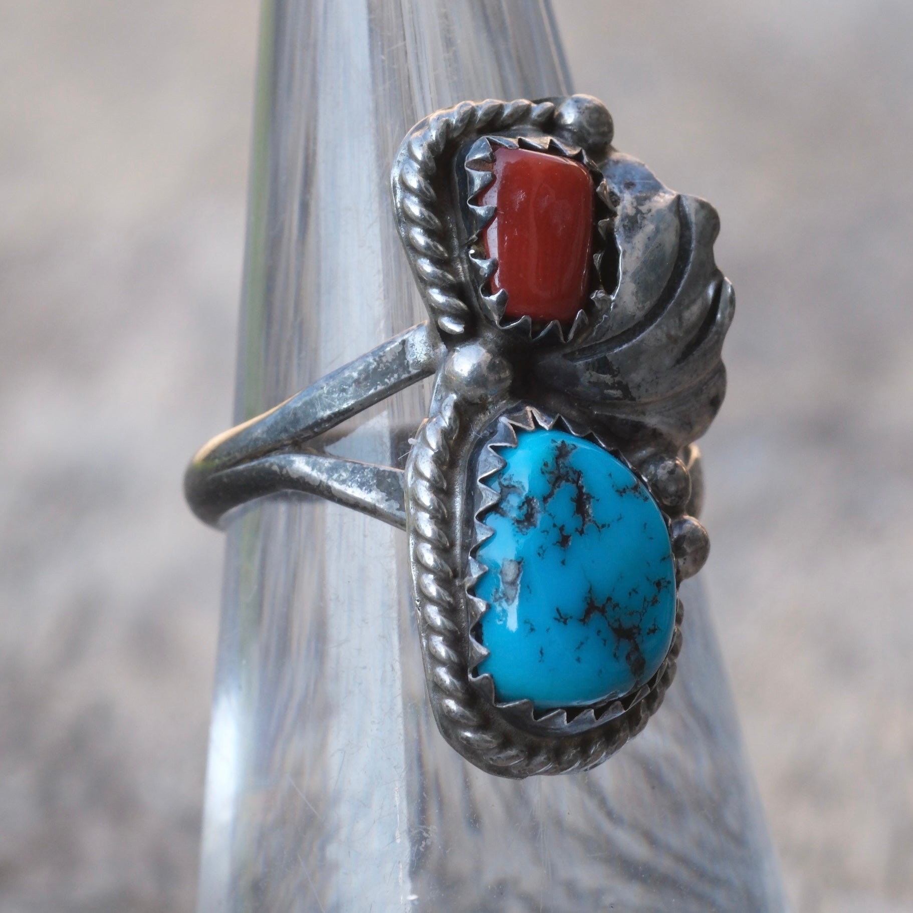 Vintage Sterling Turquoise and Coral Feather Ring 5.75