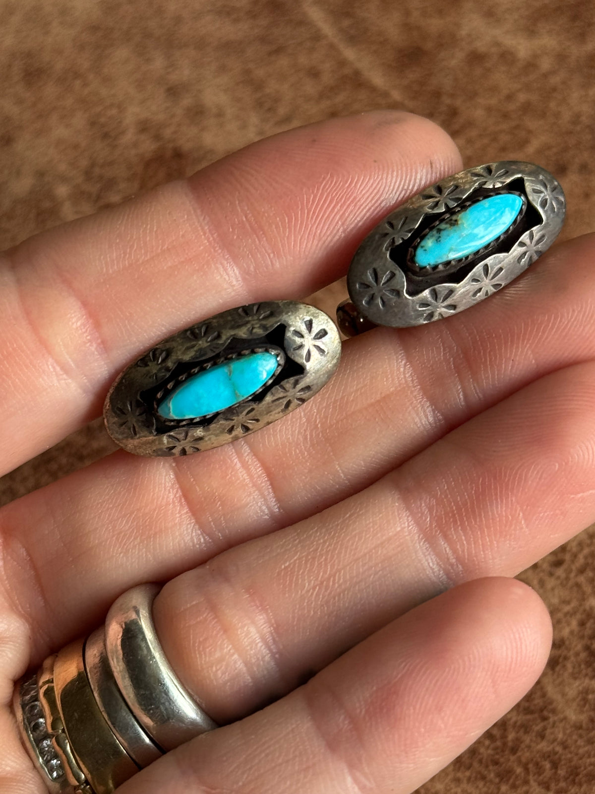 Vintage Sterling Silver Stamped Turquoise Shadowbox Cufflinks