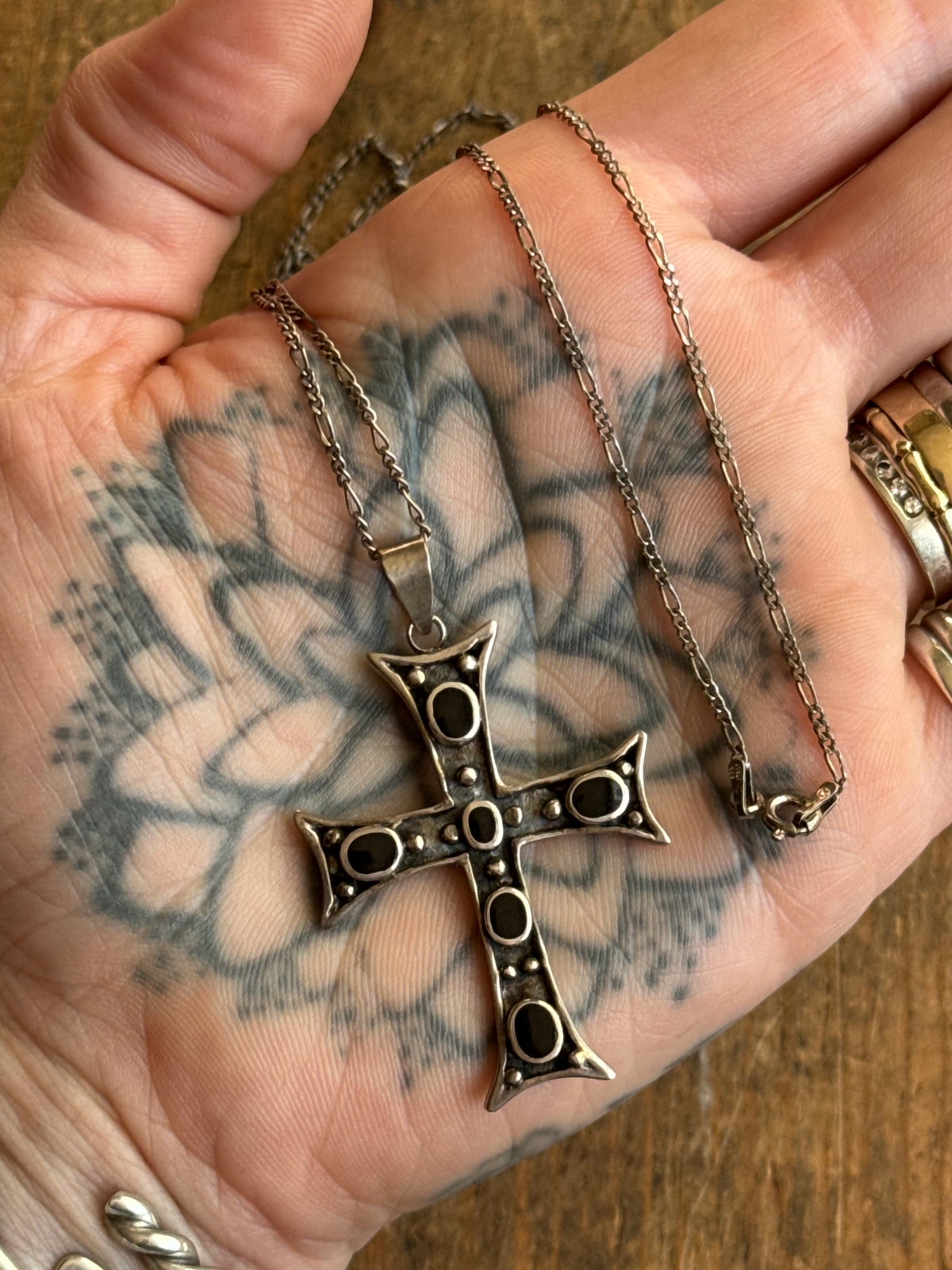 Vintage Sterling Silver Onyx Inlay Cross Necklace