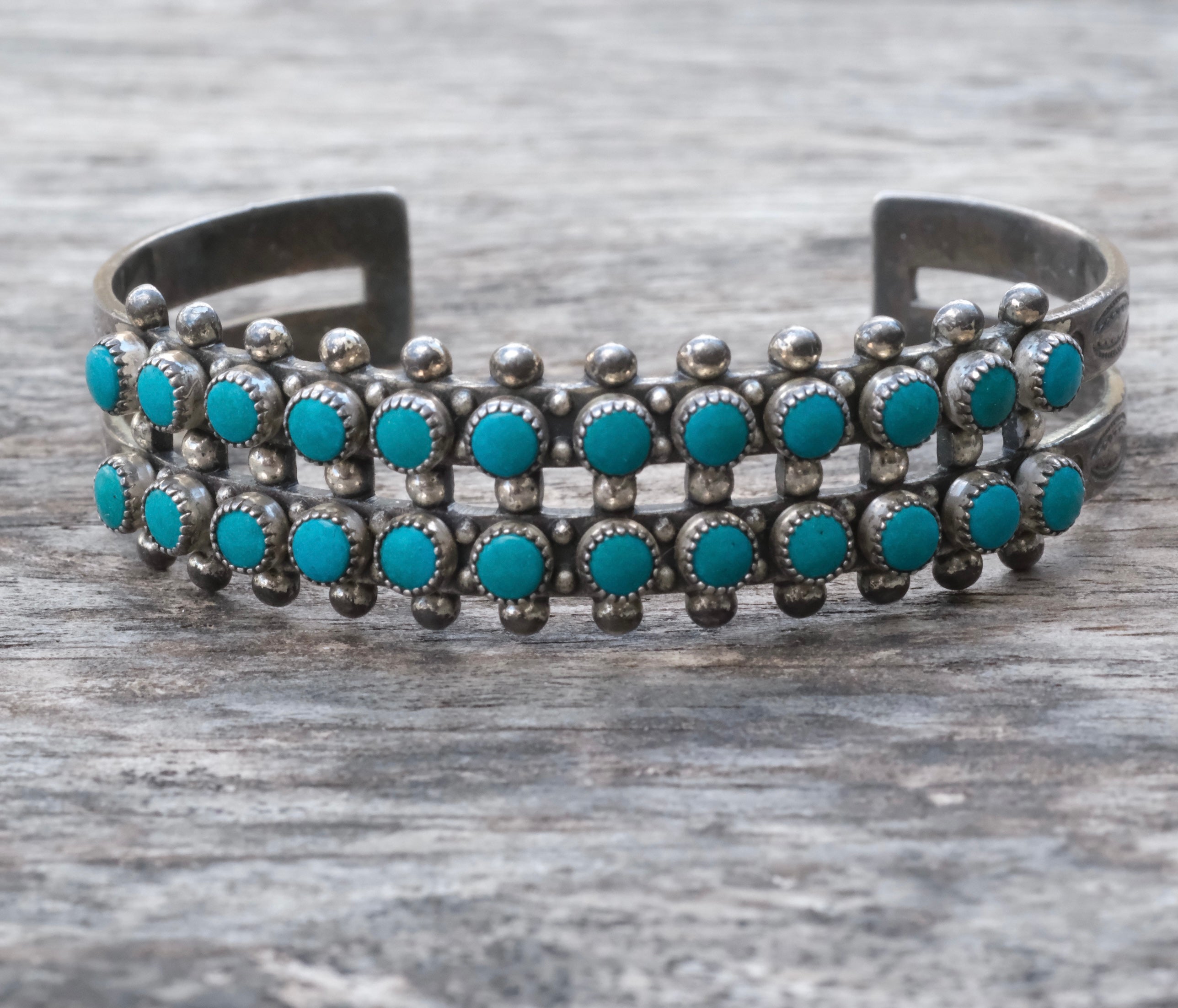 Vintage Sterling Double Row Snake Eye Turquoise Cuff Bracelet