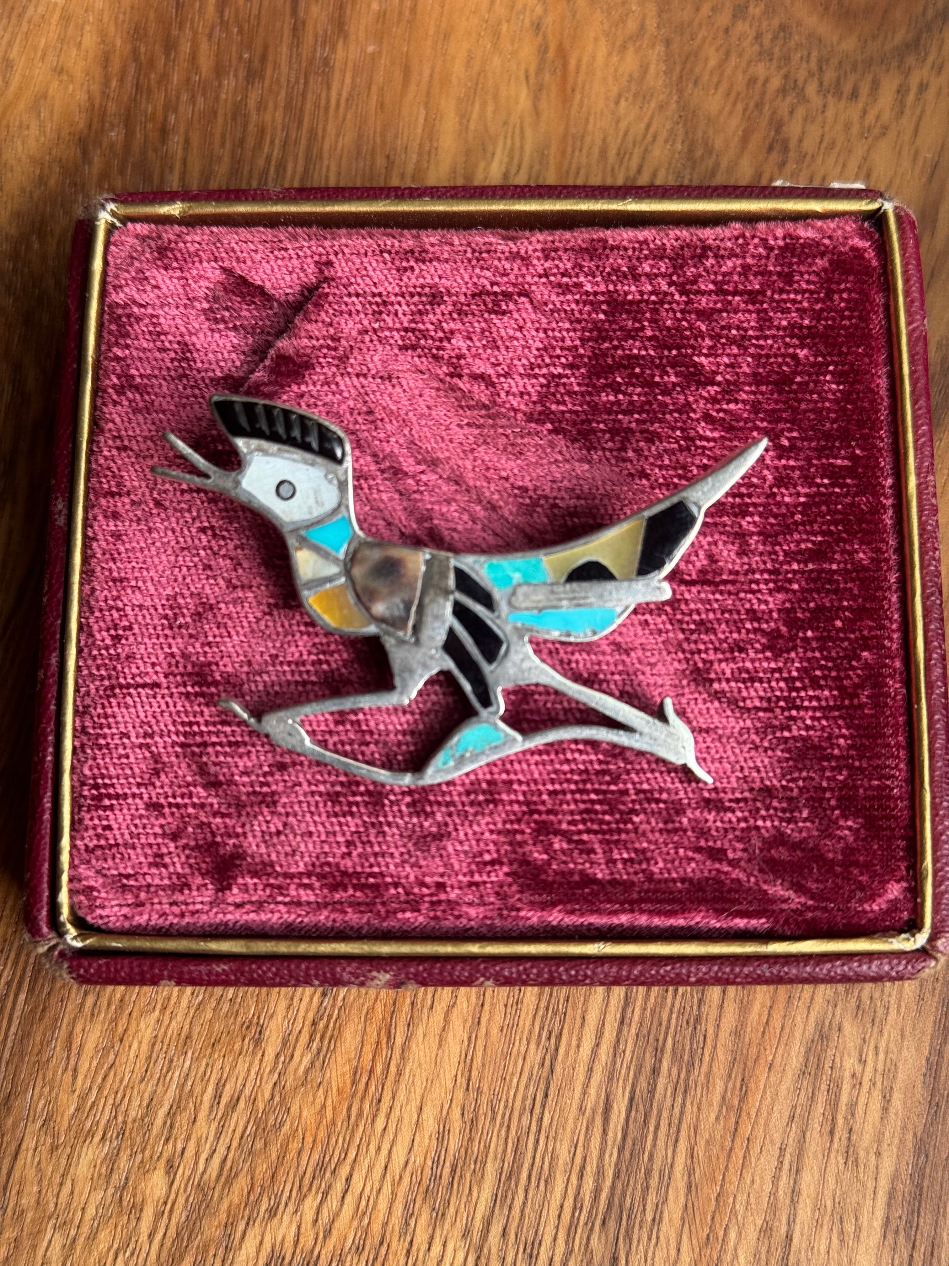 Vintage Sterling Silver Multistone Inlay Road Runner Pin