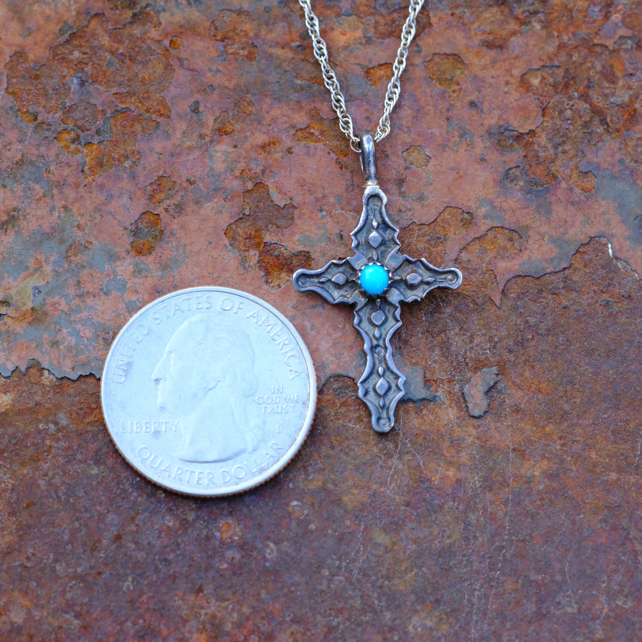 Vintage Sterling Silver Turquoise Stamped Cross Necklace