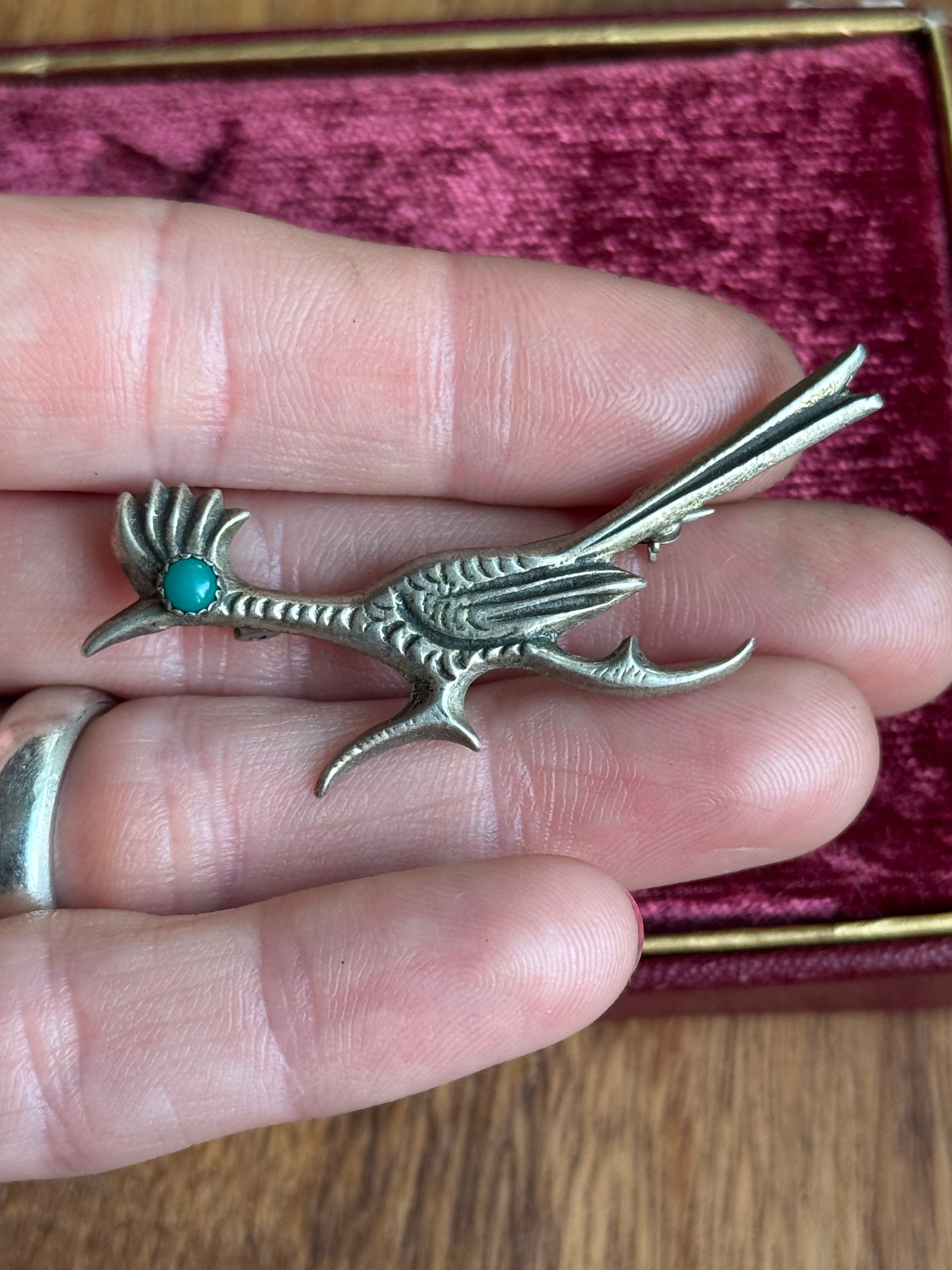 Vintage Sterling Silver Turquoise Road Runner Pin
