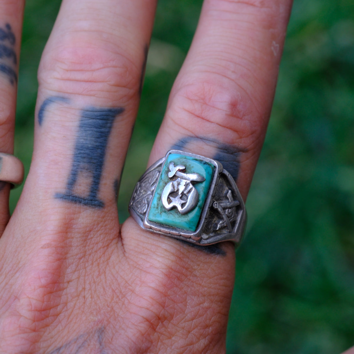 Vintage Sterling Turquoise Masonic Signet Ring 11