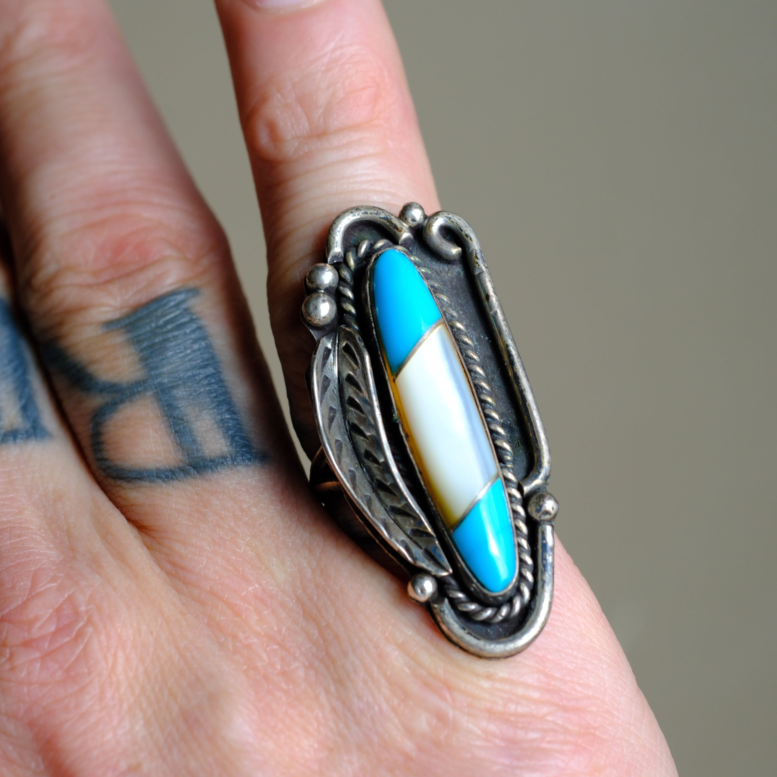 Vintage Sterling Turquoise and Mother Of Pearl Feather Ring 6.25