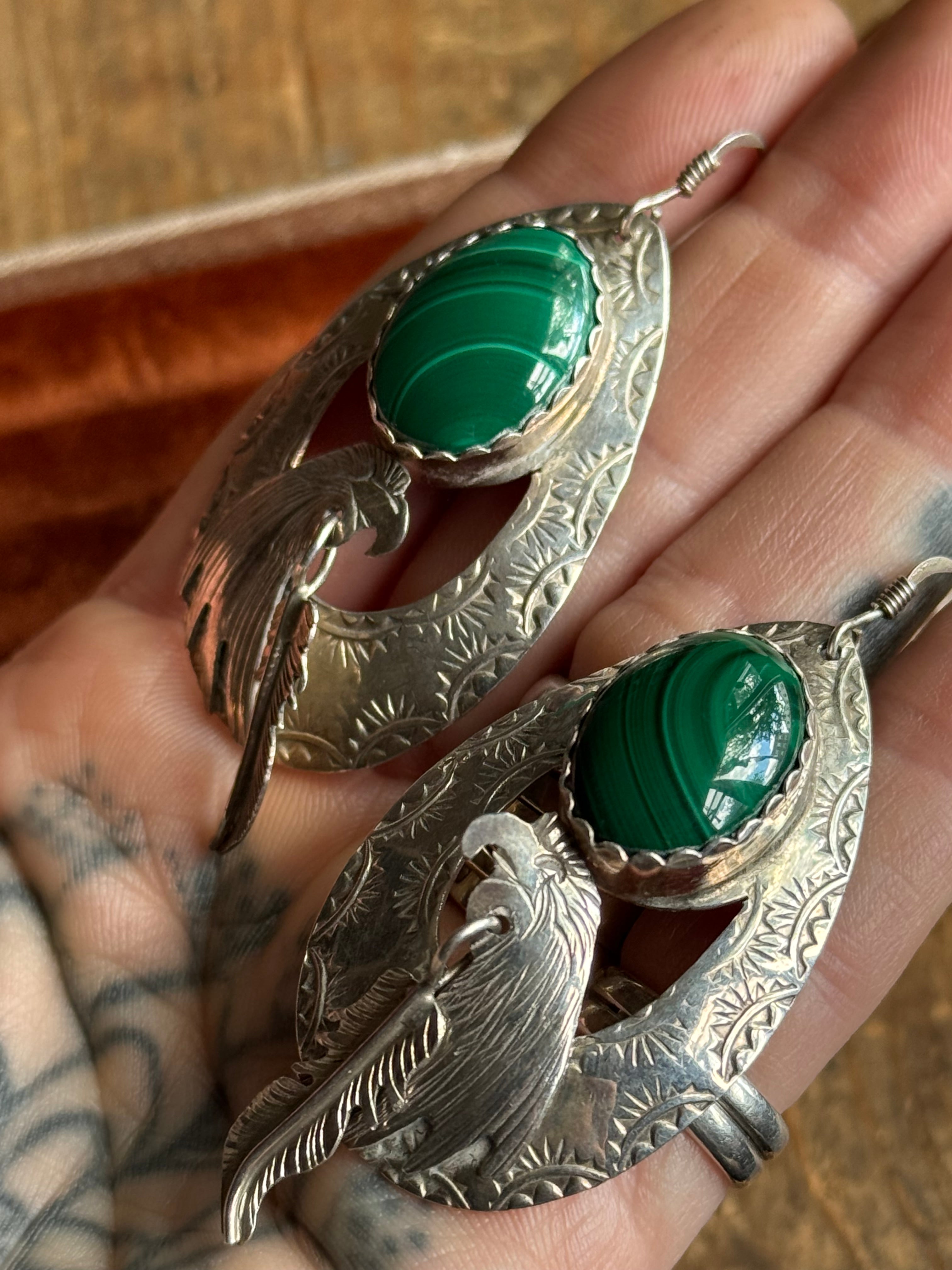 Vintage Sterling Silver Malachite Eagle Feather Earrings