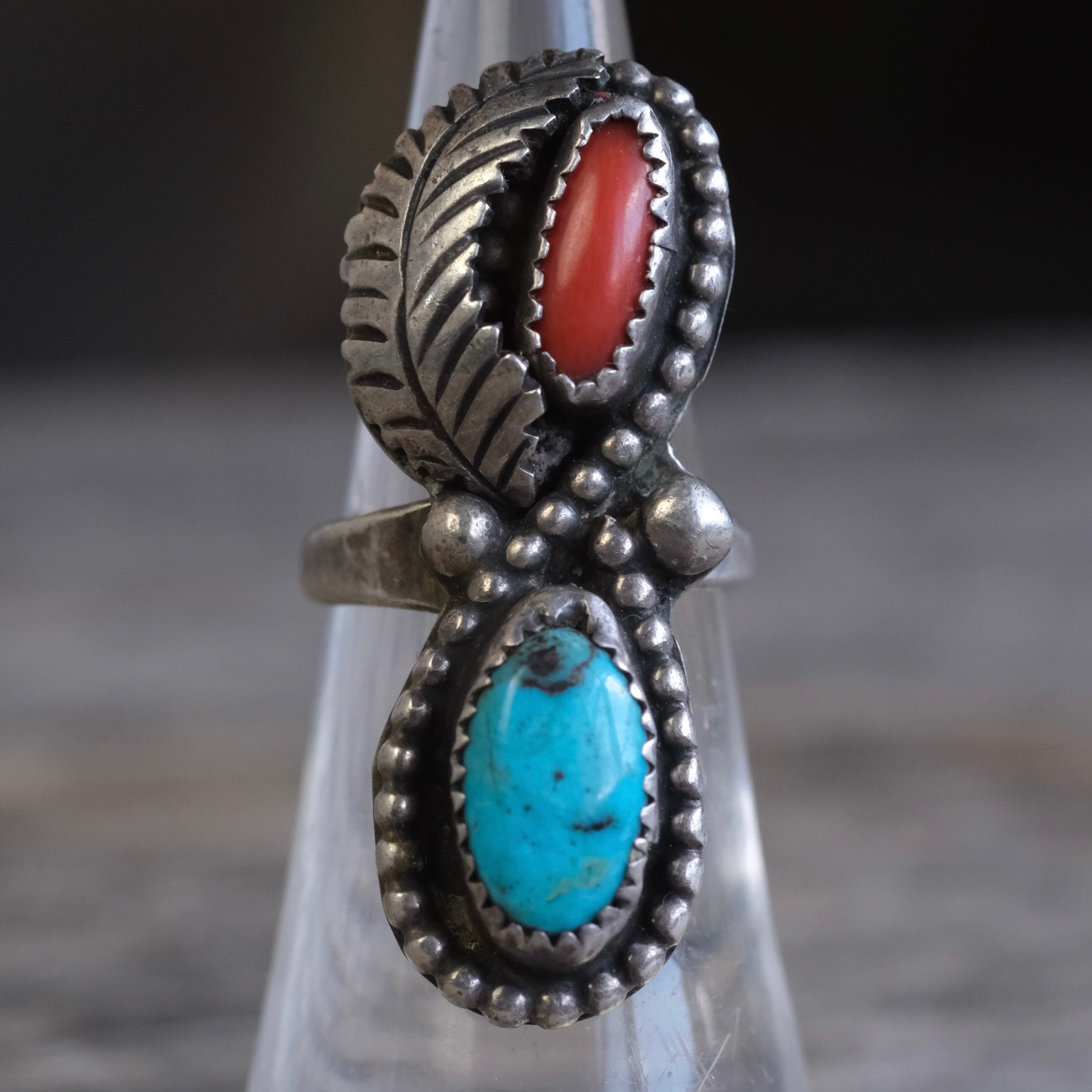 Vintage Sterling Turquoise and Coral Feather Ring 5.5