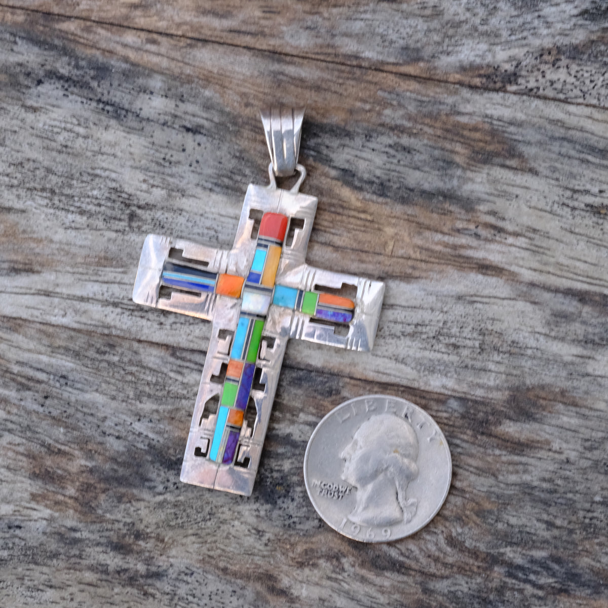 Vintage Sterling Multis Stone Double Sided Cross Pendant