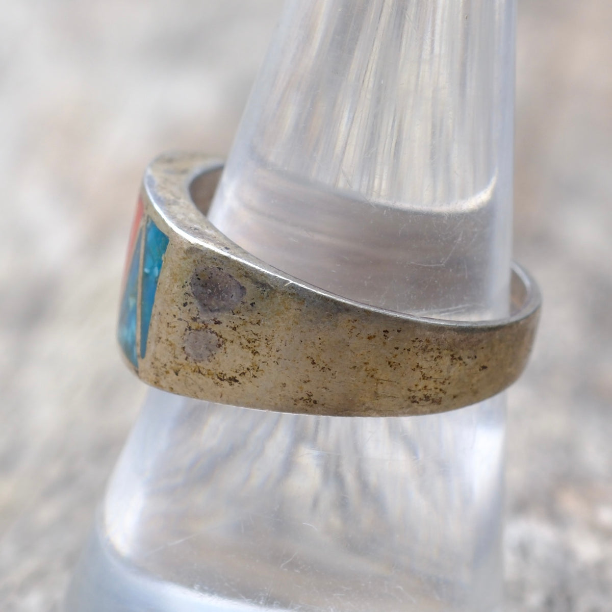 Vintage Sterling Crushed Turquoise and Coral Inlay Ring 8.75