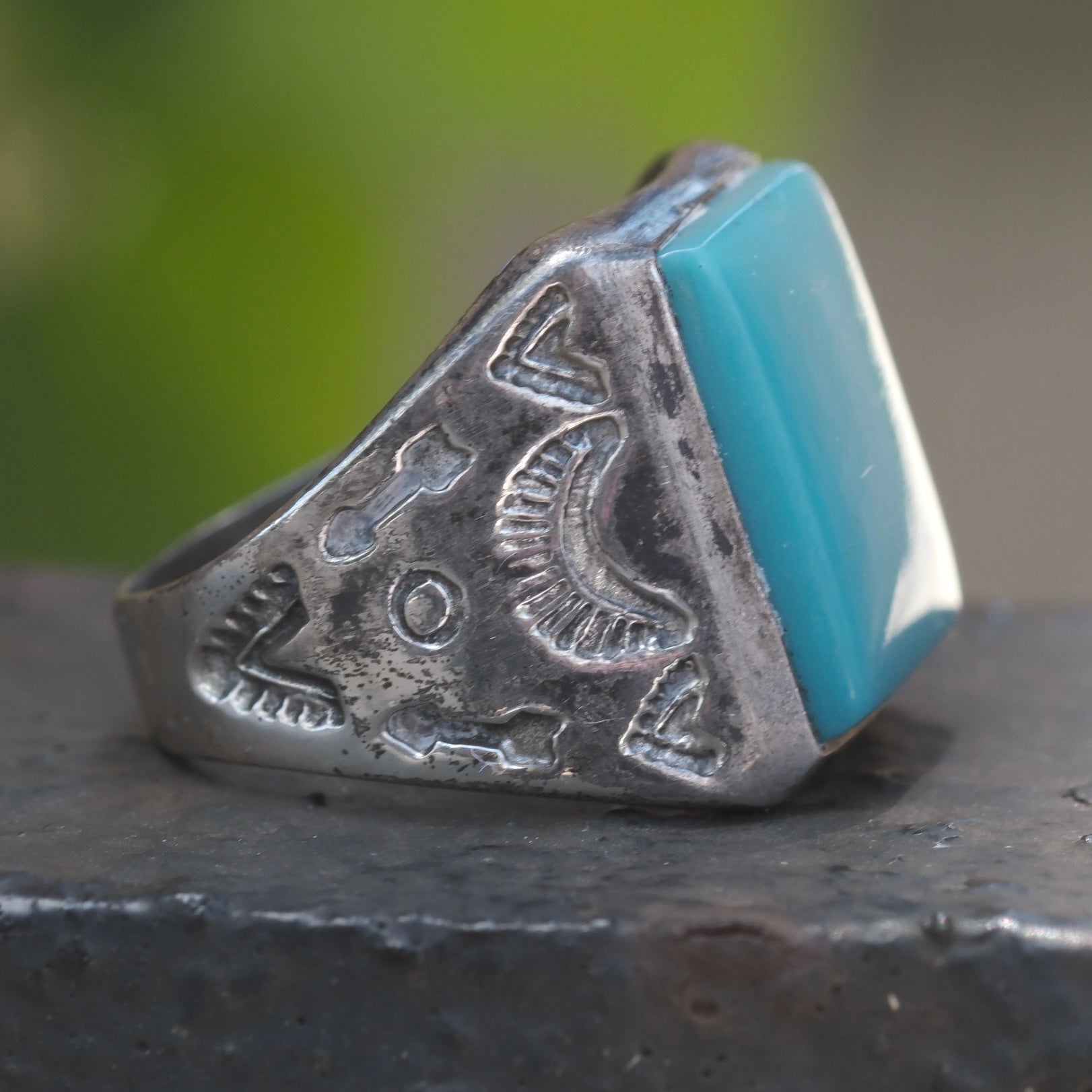 Vintage Sterling Turquoise Stamped Band Ring 8