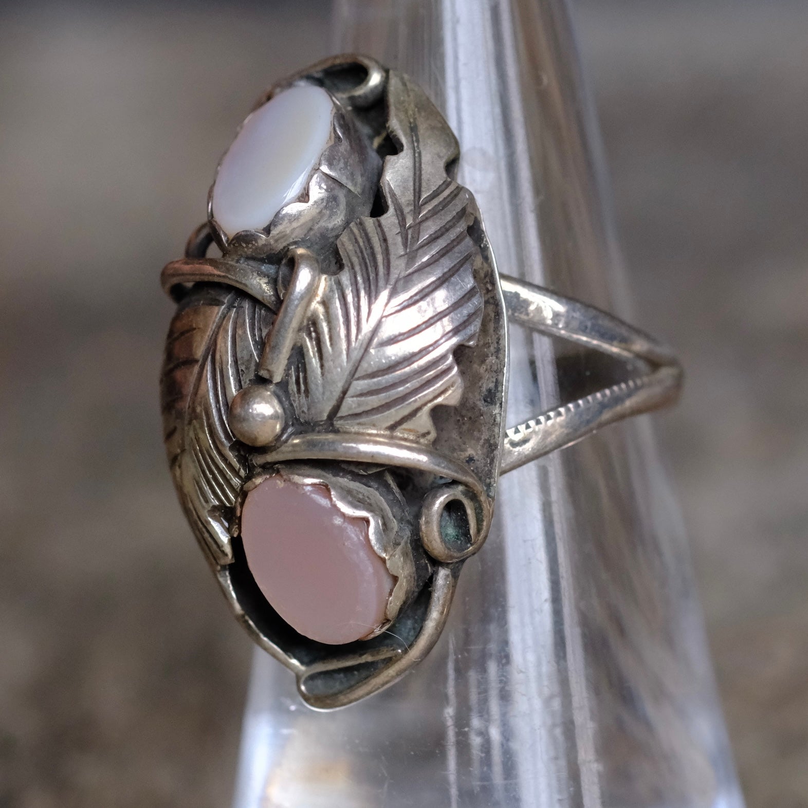 Vintage Sterling 2-Stone Mother Of Pearl Feather Ring 6.25