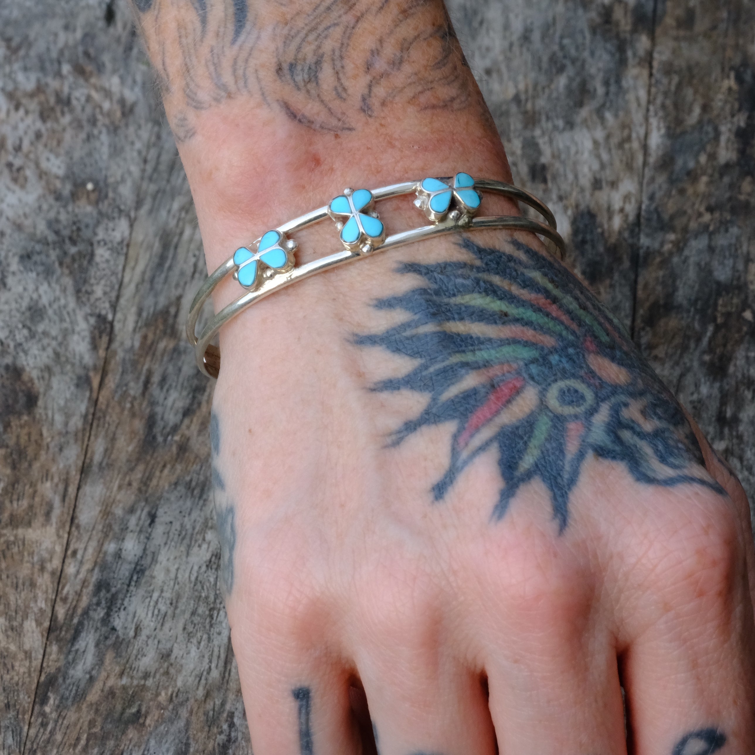 Vintage Sterling Turquoise Inlay Flower Cuff Bracelet