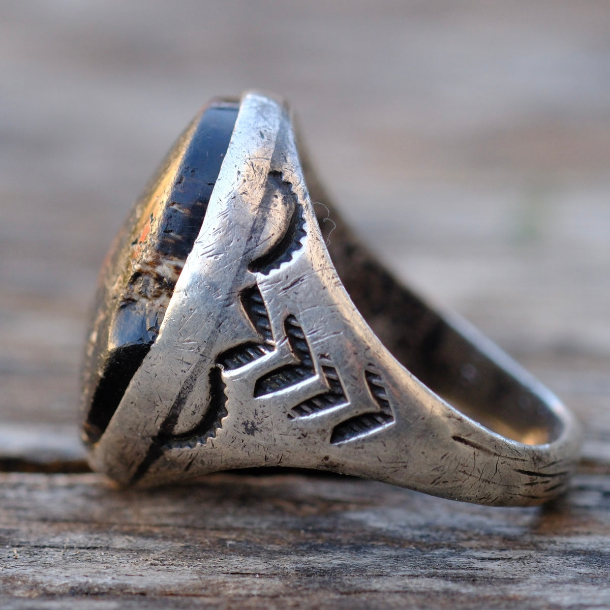 Vintage Sterling Petrified Wood Stamped Band Ring 10.5