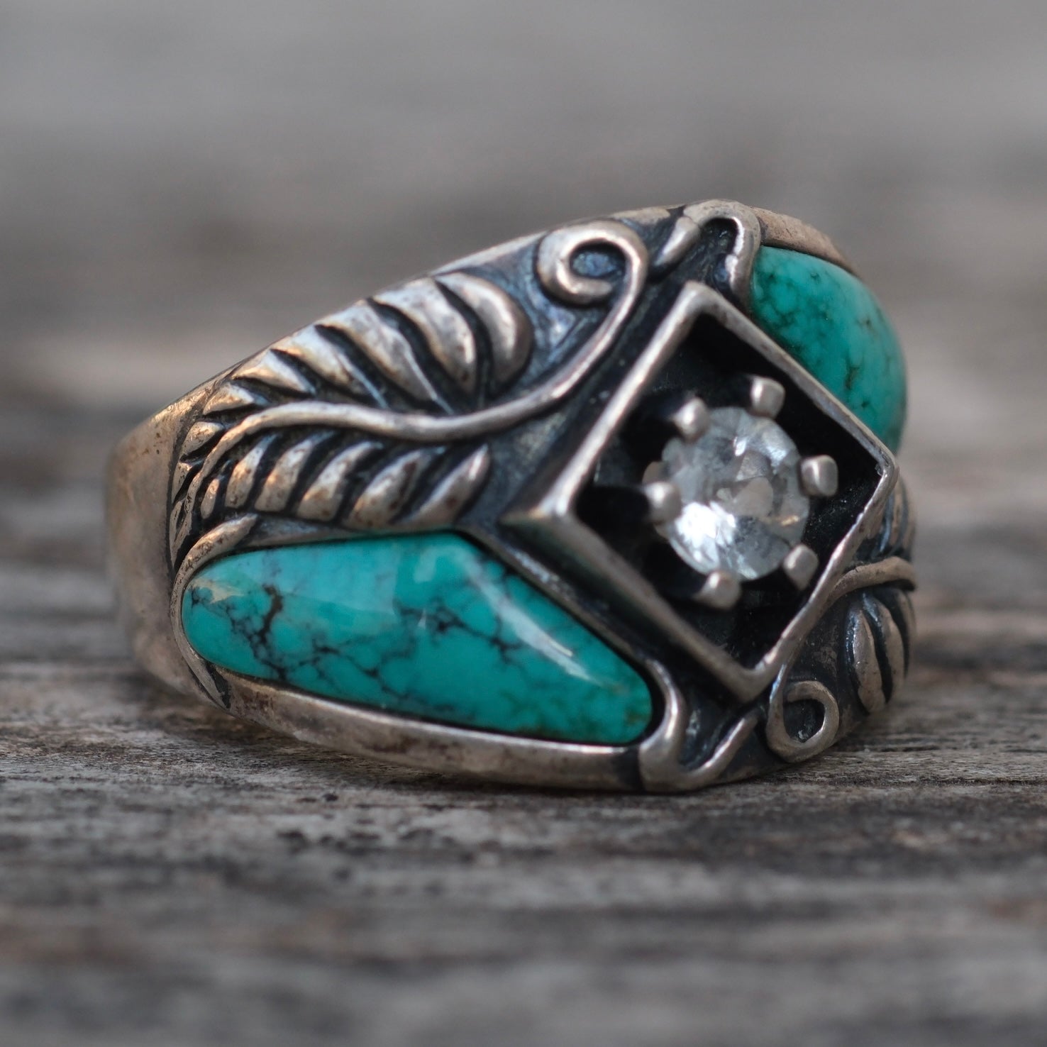 Vintage Sterling Turquoise CZ Ring Ring 9.75