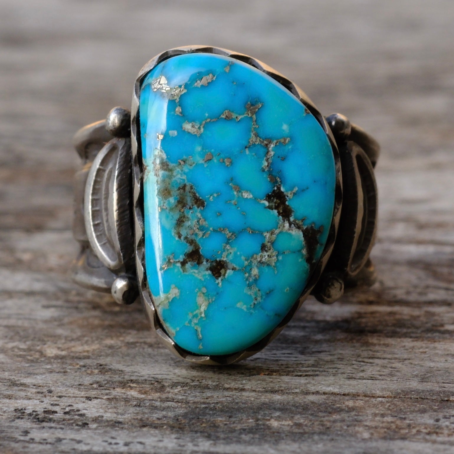 Heavy Ingot Sterling Silver Stamped Band Turquoise Ring 7.75