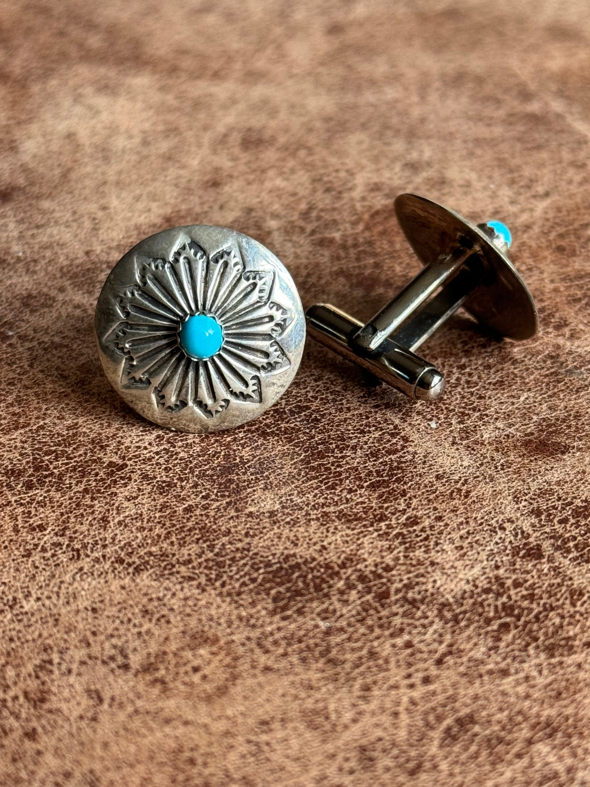 Vintage Sterling Silver Stamped Turquoise Concho Cufflinks