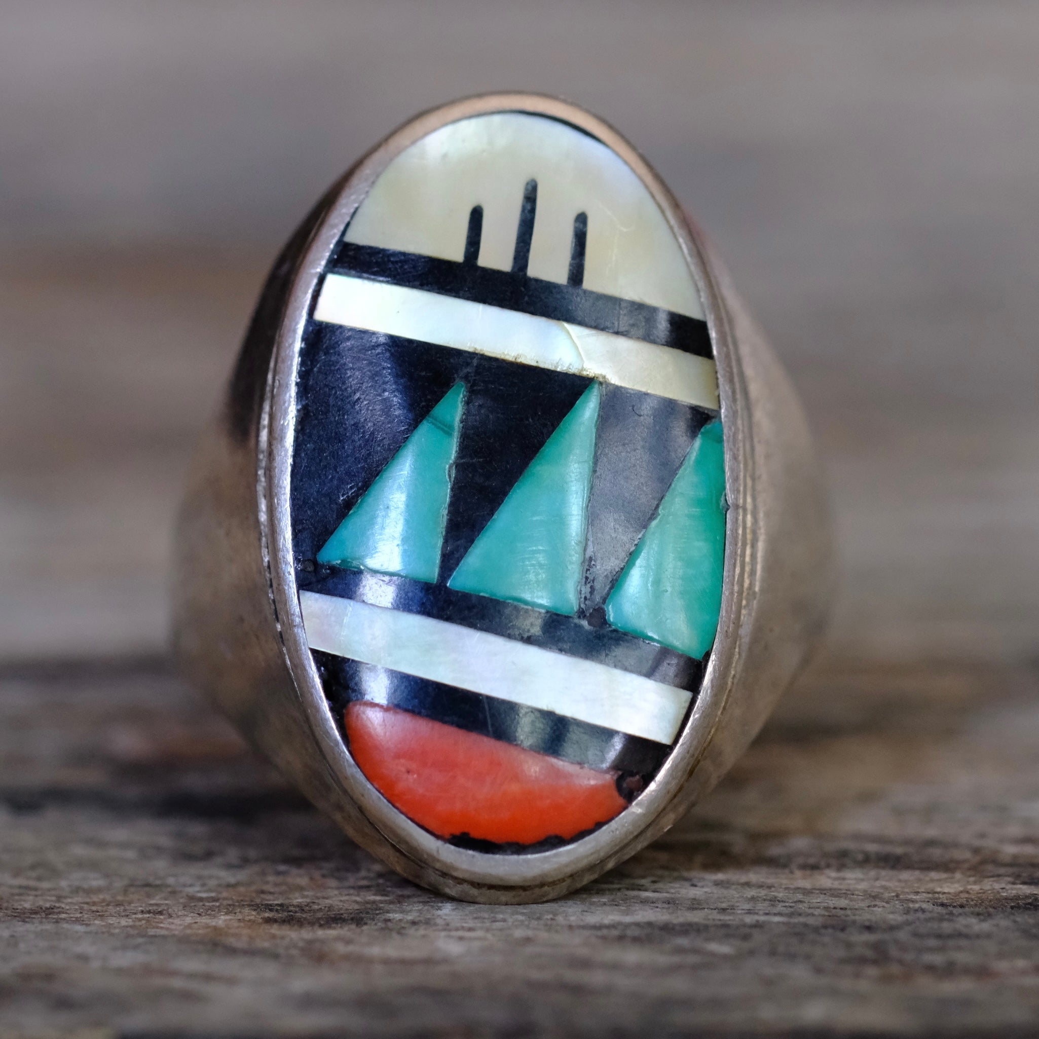 Vintage Sterling Zuni Inlay Ring 10.5