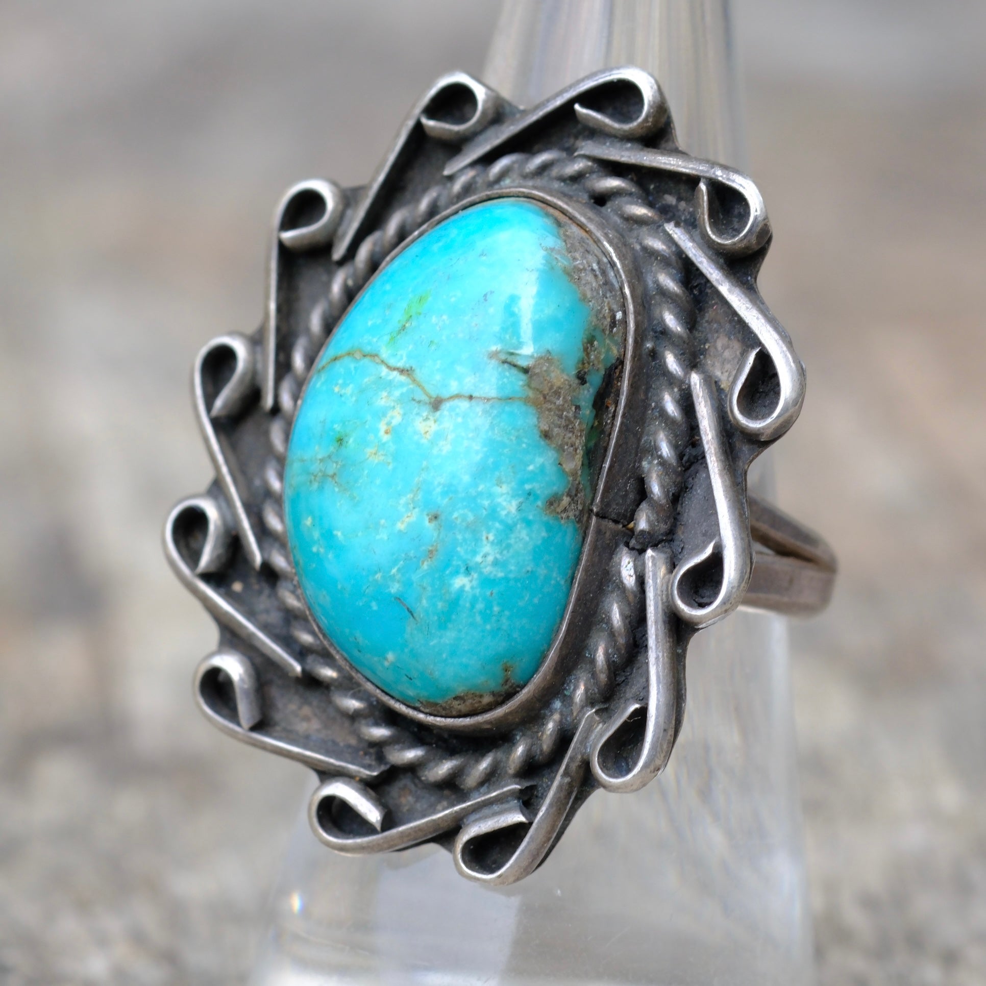 Vintage Sterling Turquoise Florette Ring 7.75