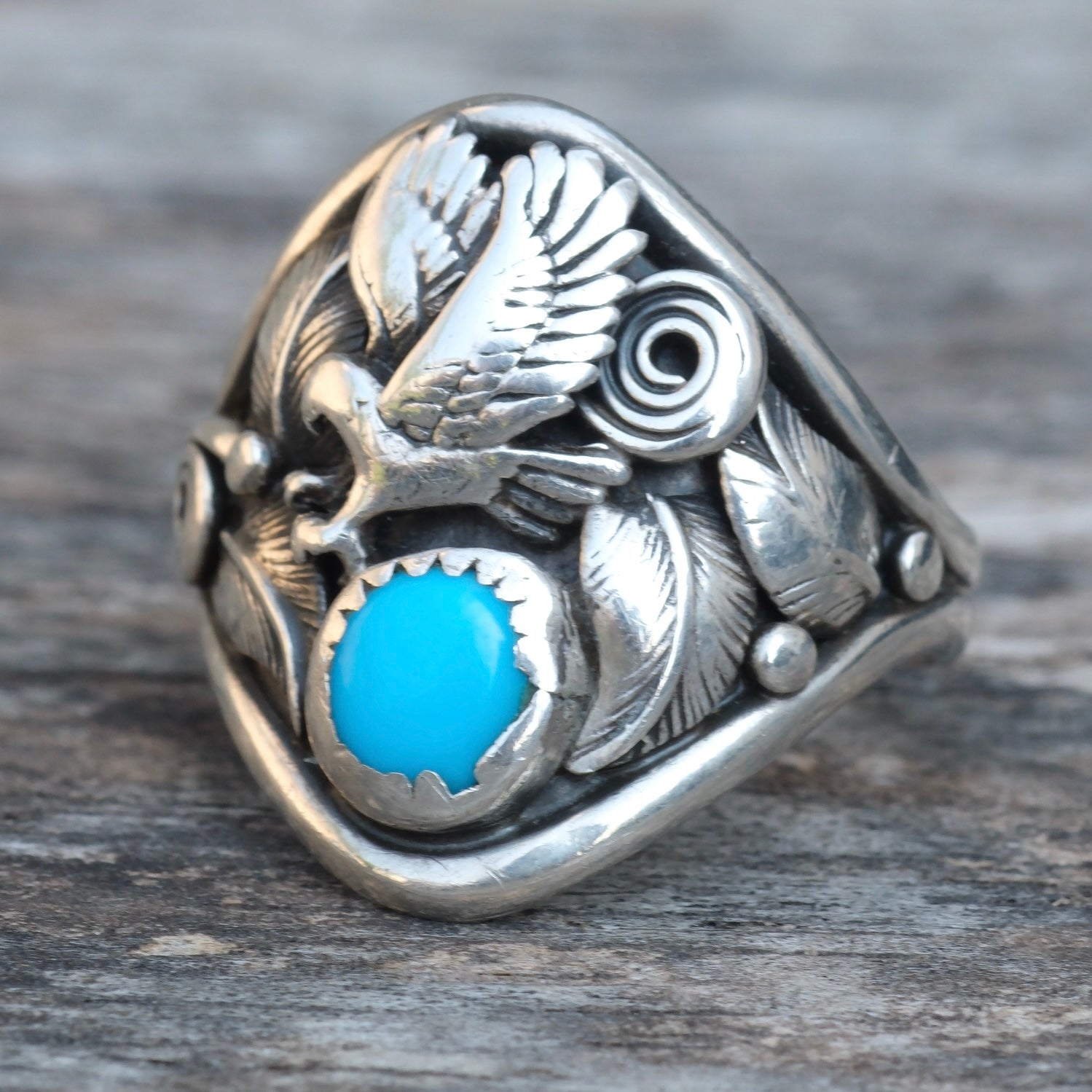 Vintage Sterling Turquoise Eagle Ring 9.5