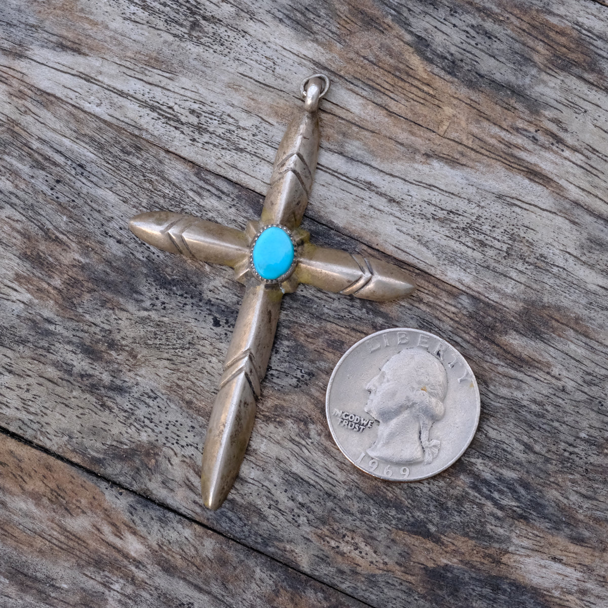 Vintage Sterling Turquoise Sandcast Cross Pendant
