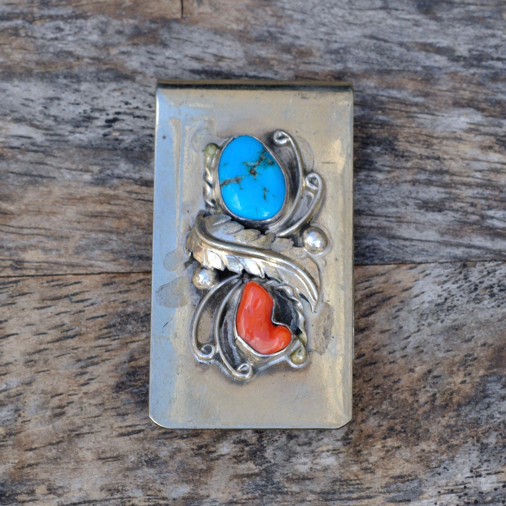 Vintage Turquoise and Coral Feather Money Clip