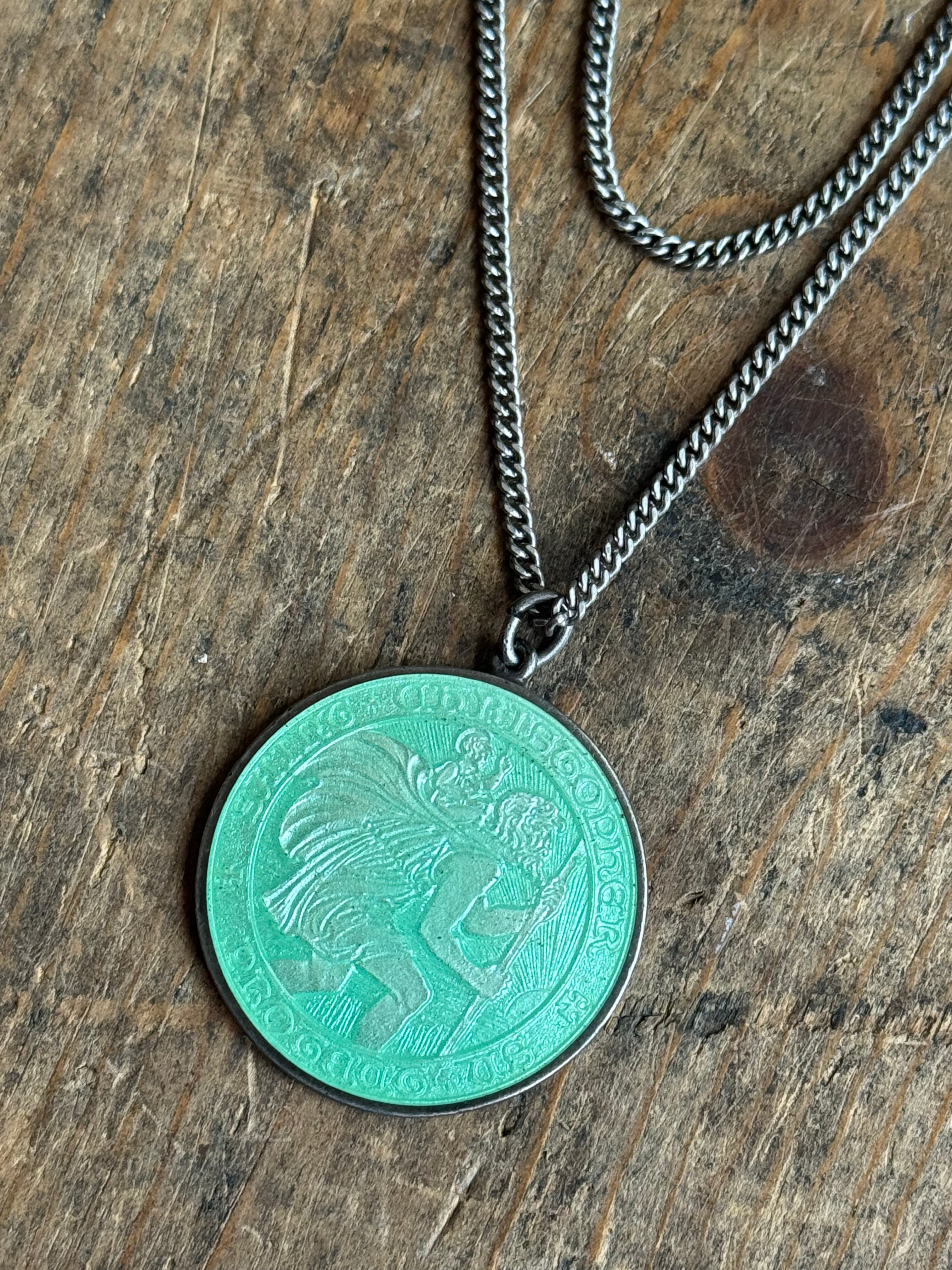 Vintage Sterling Silver ‘Betty’ Engraved Enamel St. Christopher Necklace