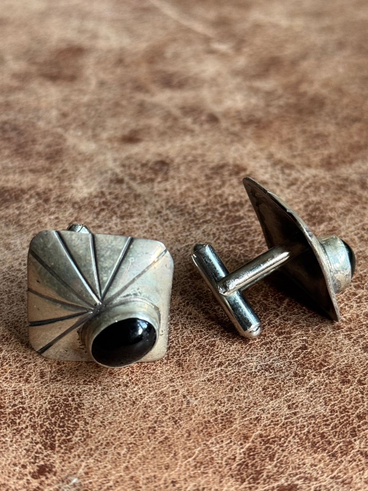 Vintage Sterling Silver Stamped Onyx Square Cufflinks