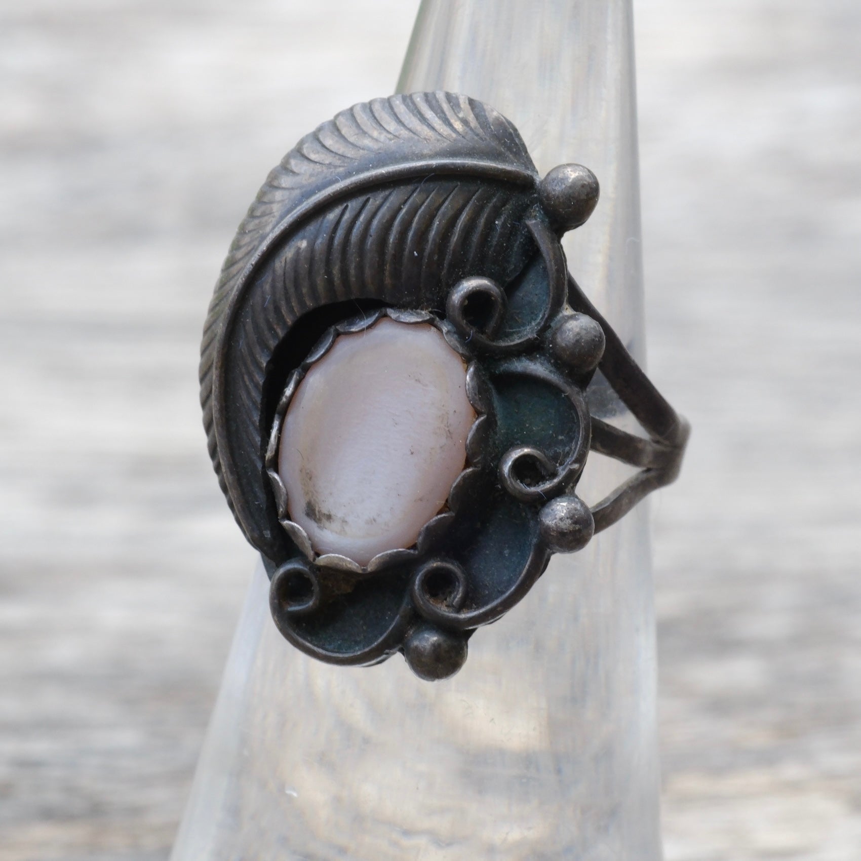 Vintage Sterling Mother Of Pearl Feather Ring 4