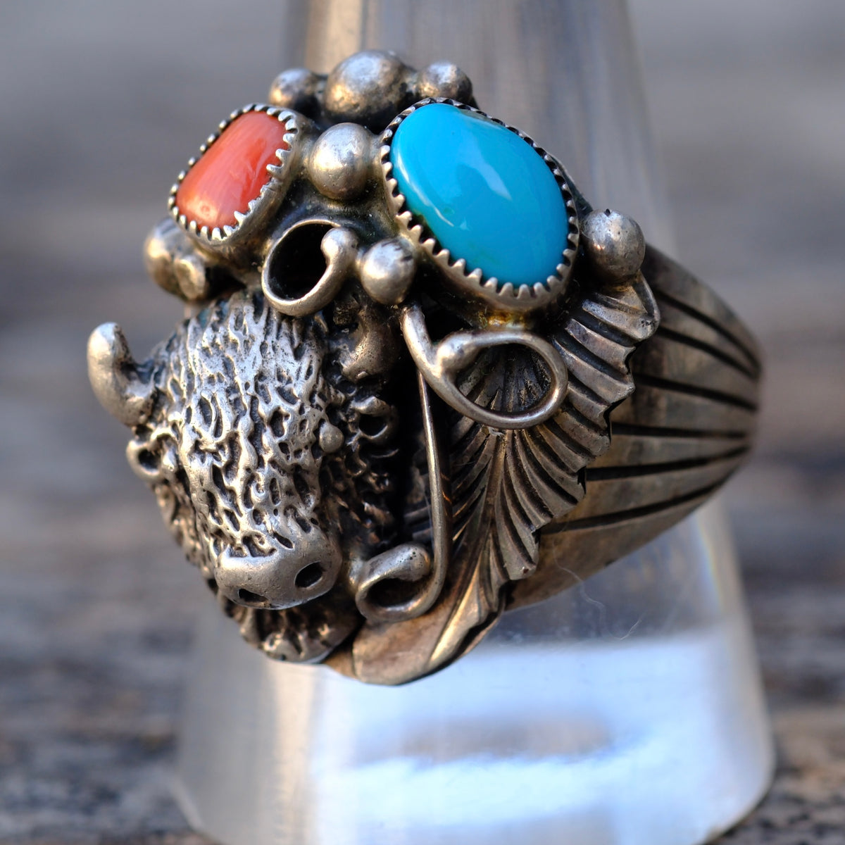 Vintage Sterling Turquoise and Coral Buffalo Ring 11