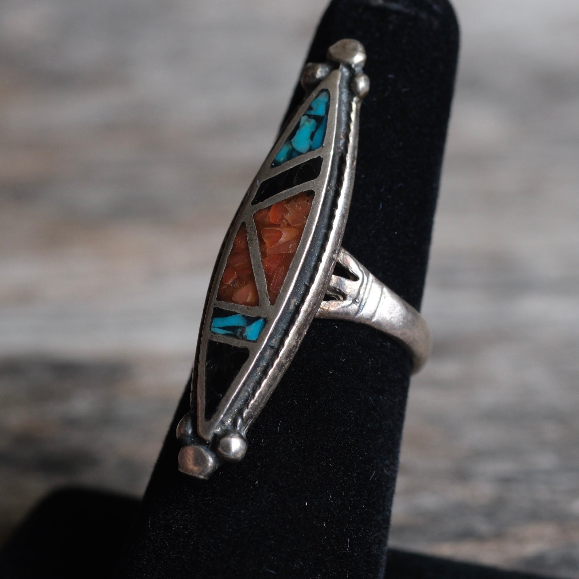 Vintage Sterling Turquoise and Coral and Onyx Ring 6