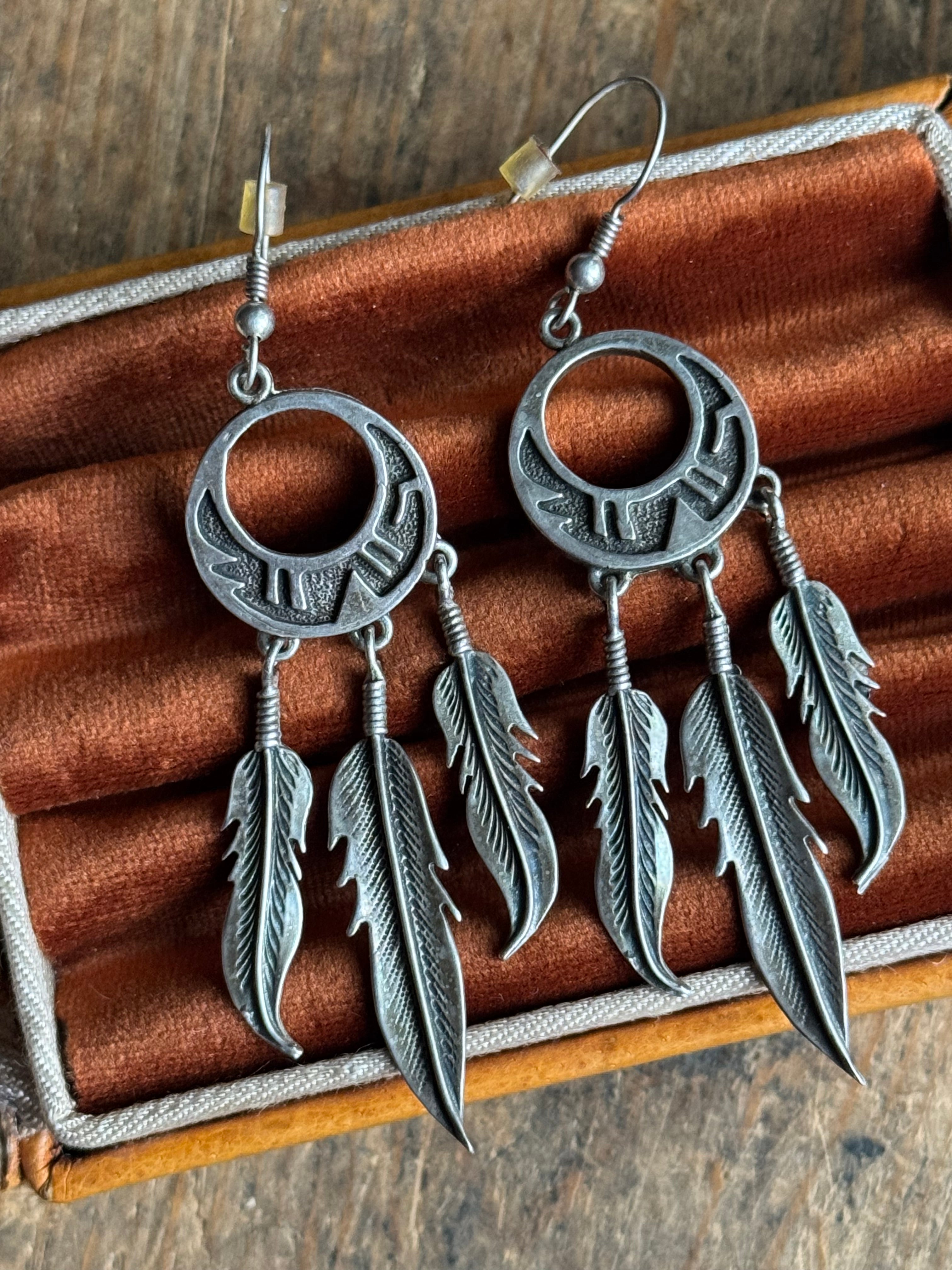 Vintage Sterling Silver Stamped Feather Earrings