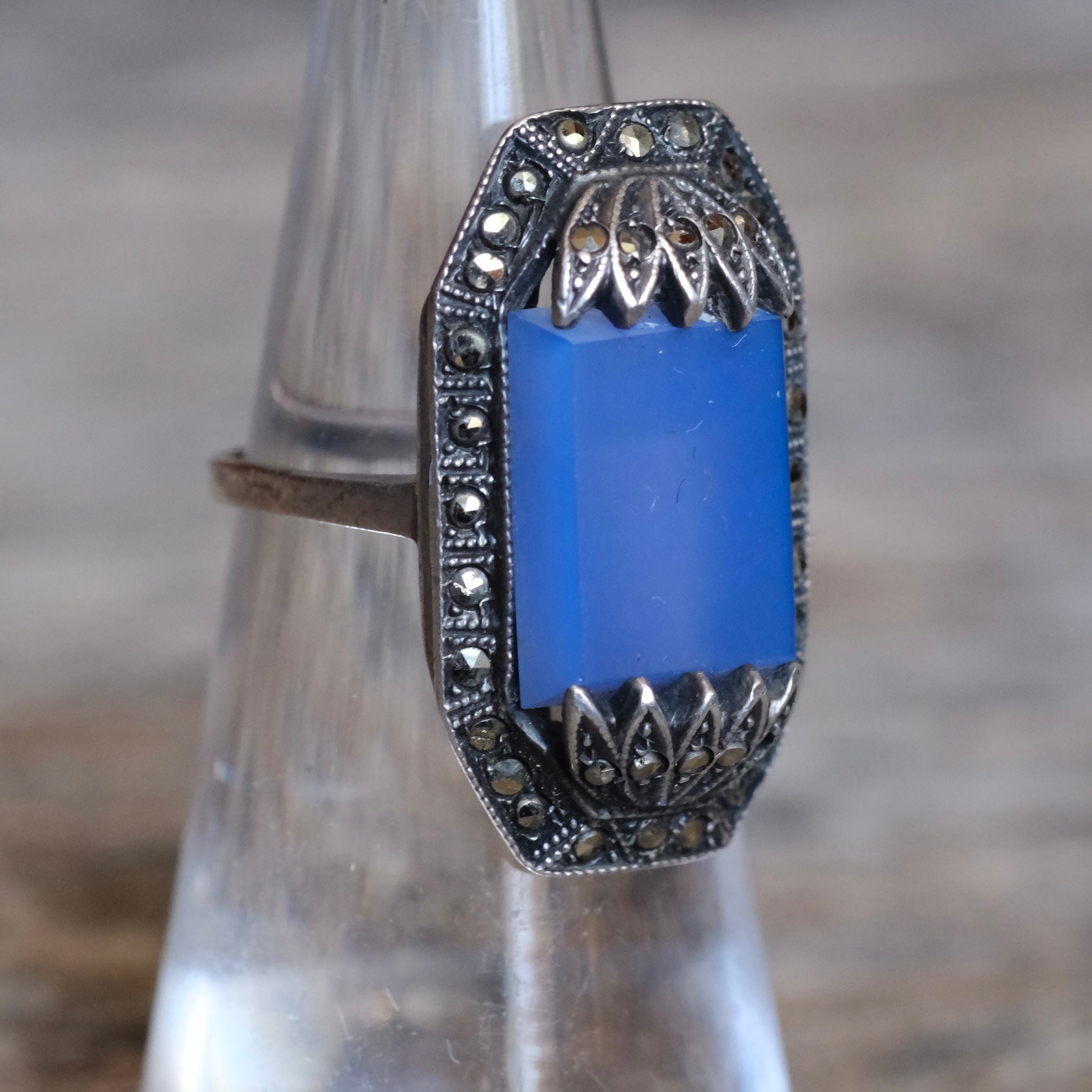 Vintage Sterling Blue Glass and Marcasite Deco Ring 4.75
