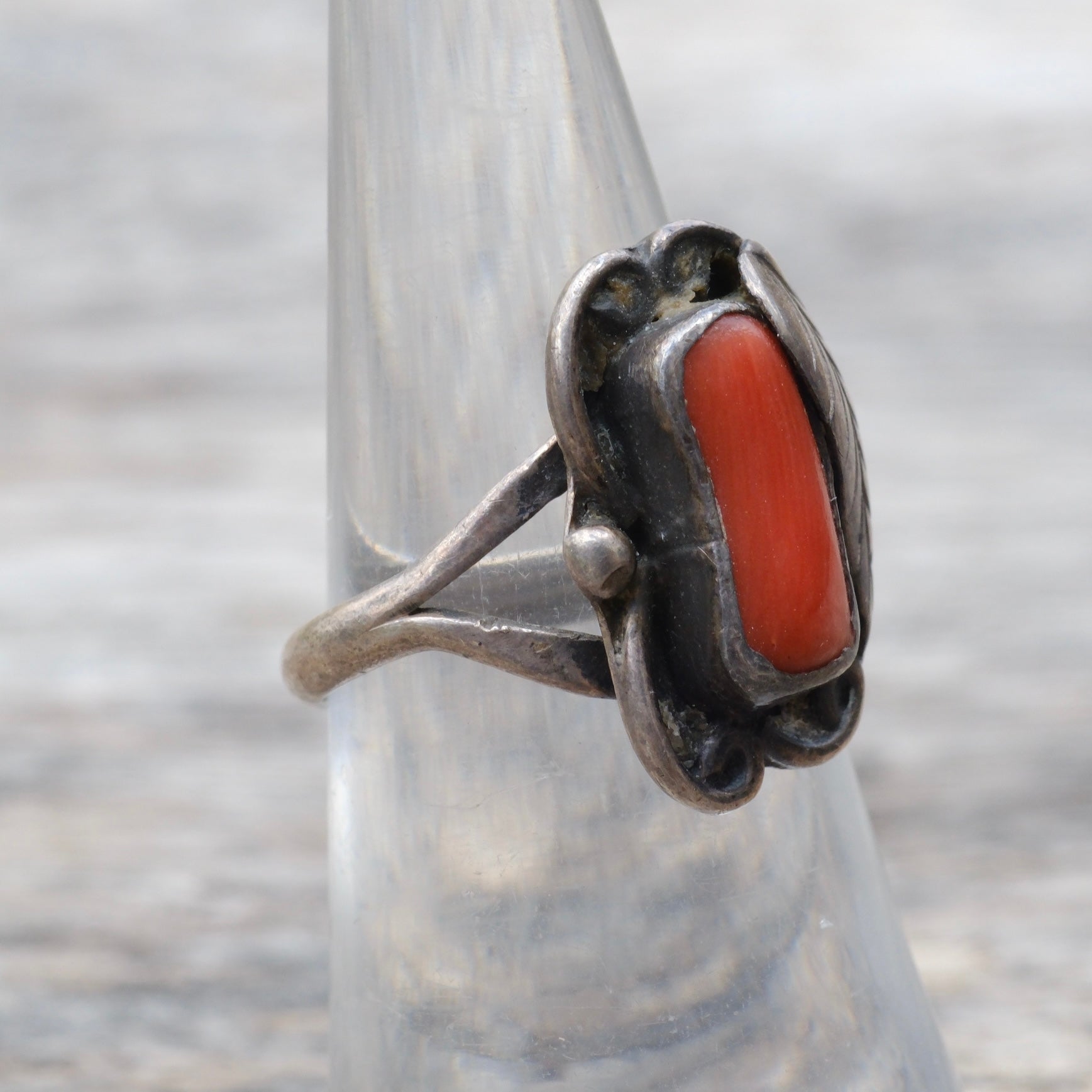 Vintage Sterling Coral Feather Ring 6.5